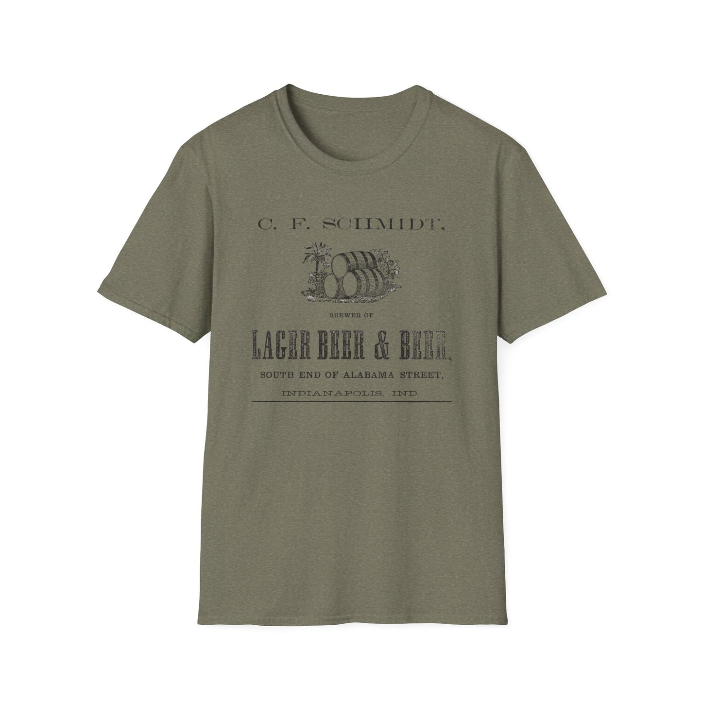 An olive green t-shirt featuring the legendary C.F. Schmidt Lager Beer design, blending style and brewing history for the discerning aficionado.