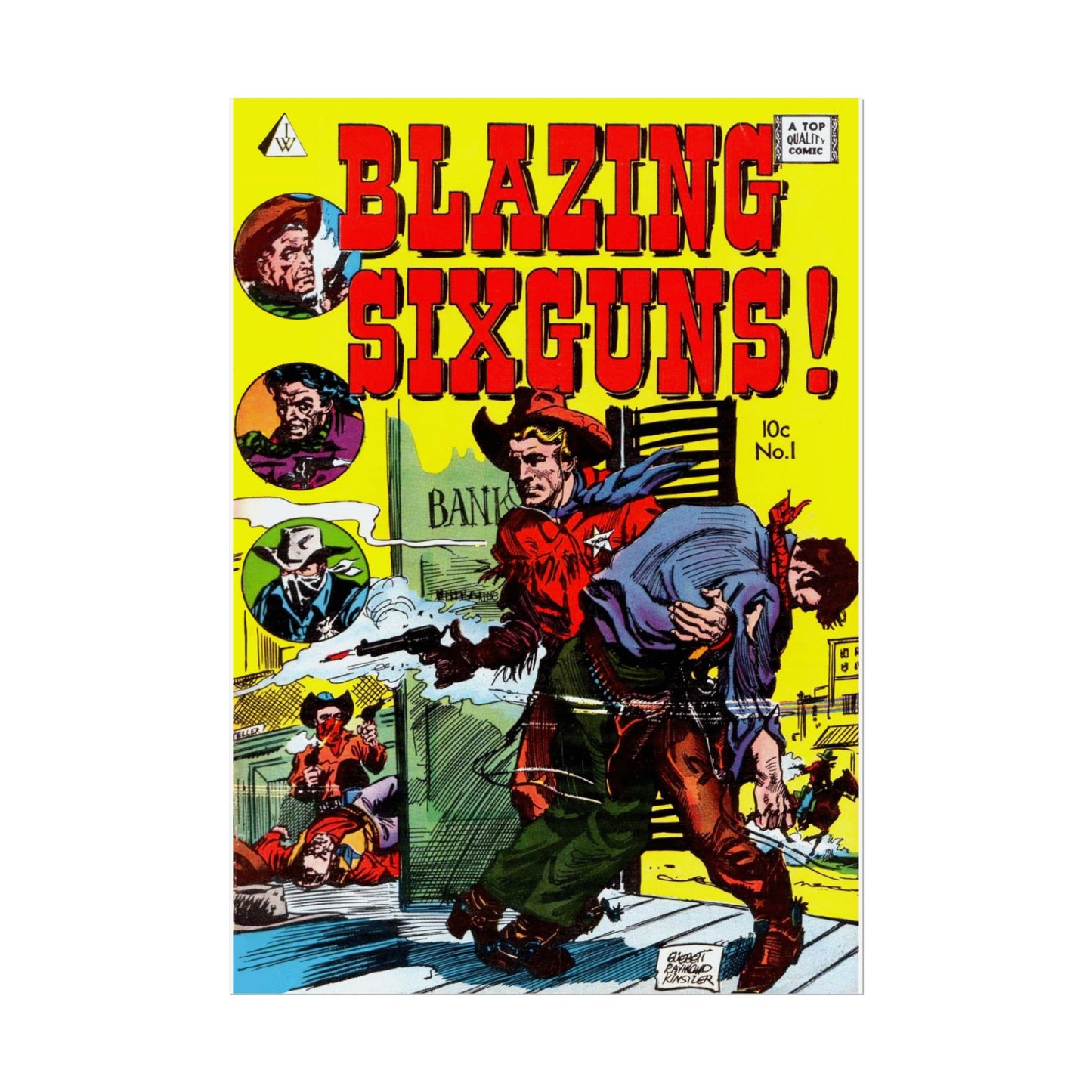 Retro Blazing Sixguns Comic Book Cover Poster - Old School Male 