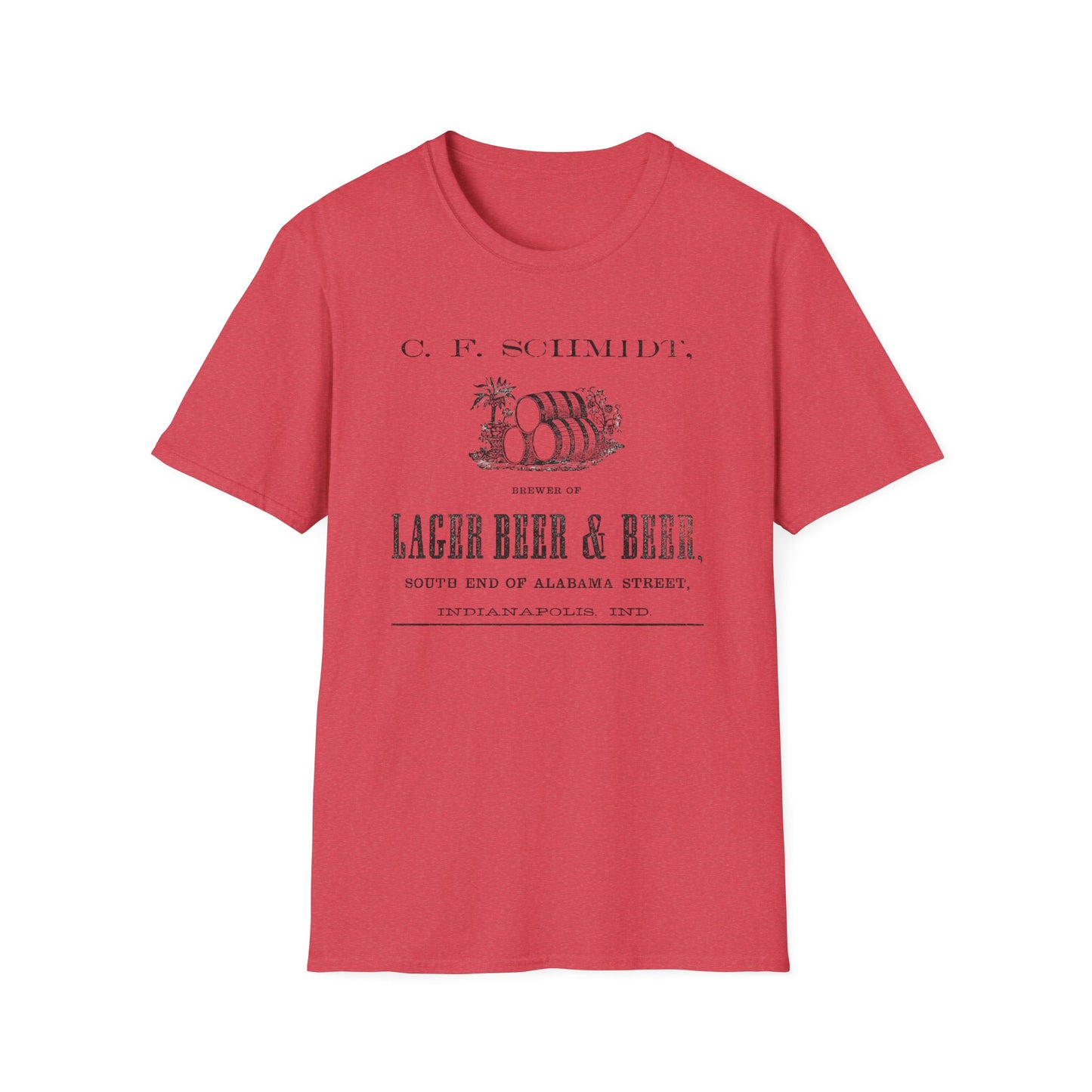 A vibrant dark raspberry t-shirt featuring the classic C.F. Schmidt Lager Beer design, a fun piece for passionate beer aficionados.