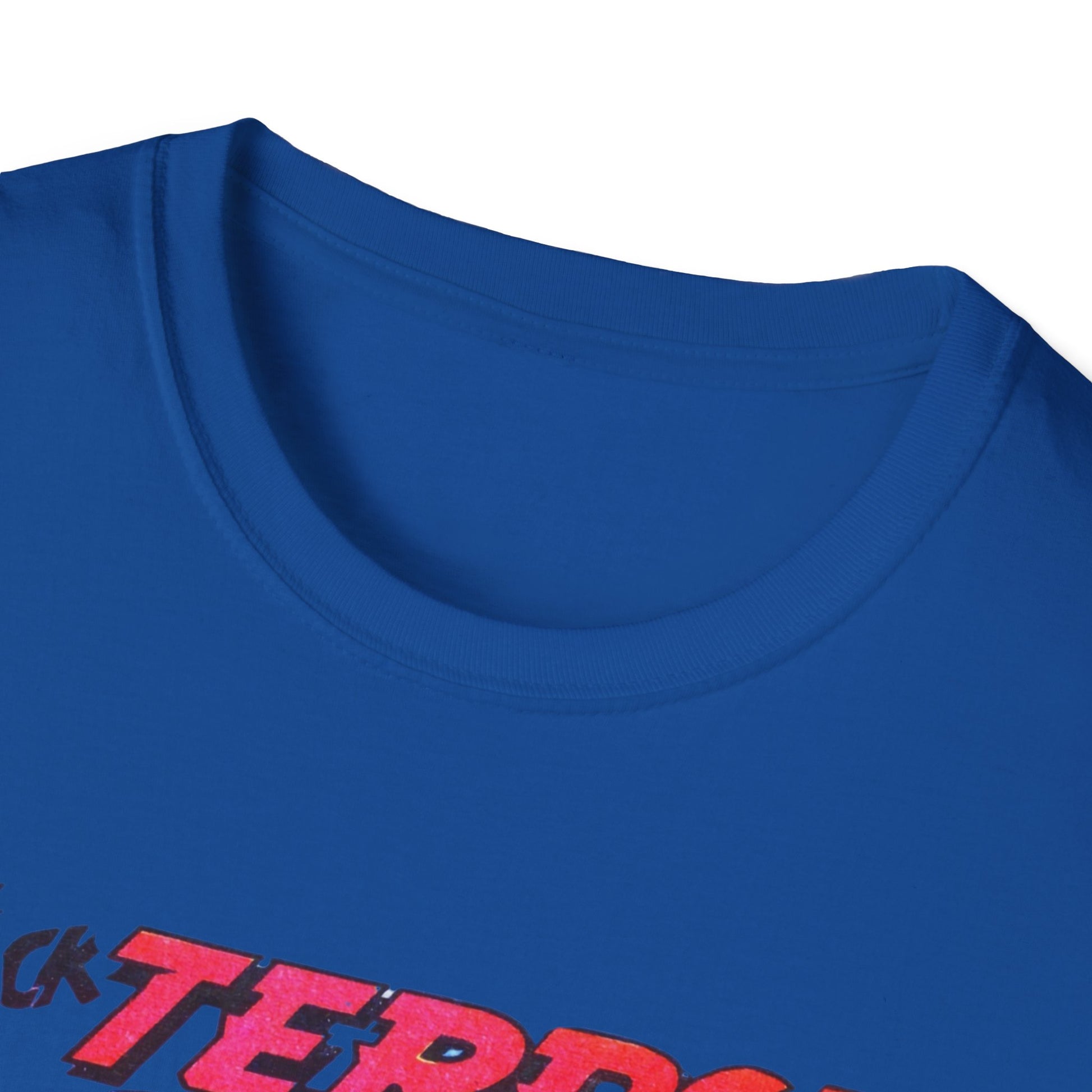 Close-up view of the neckline of the Retro Black Terror Comic Book T-Shirt in pink, emphasizing the soft texture and quality construction.