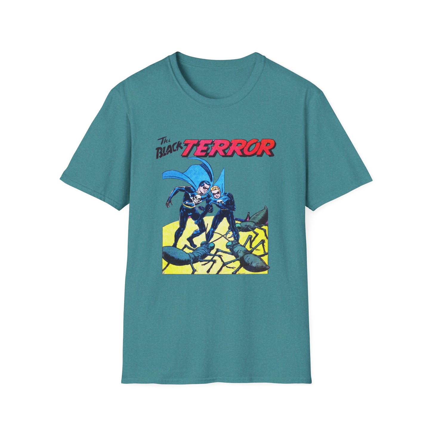 Front view of the Retro Black Terror Comic Book T-Shirt in teal, highlighting an engaging comic book scene, perfect for comic book enthusiasts and graphic tee collectors.