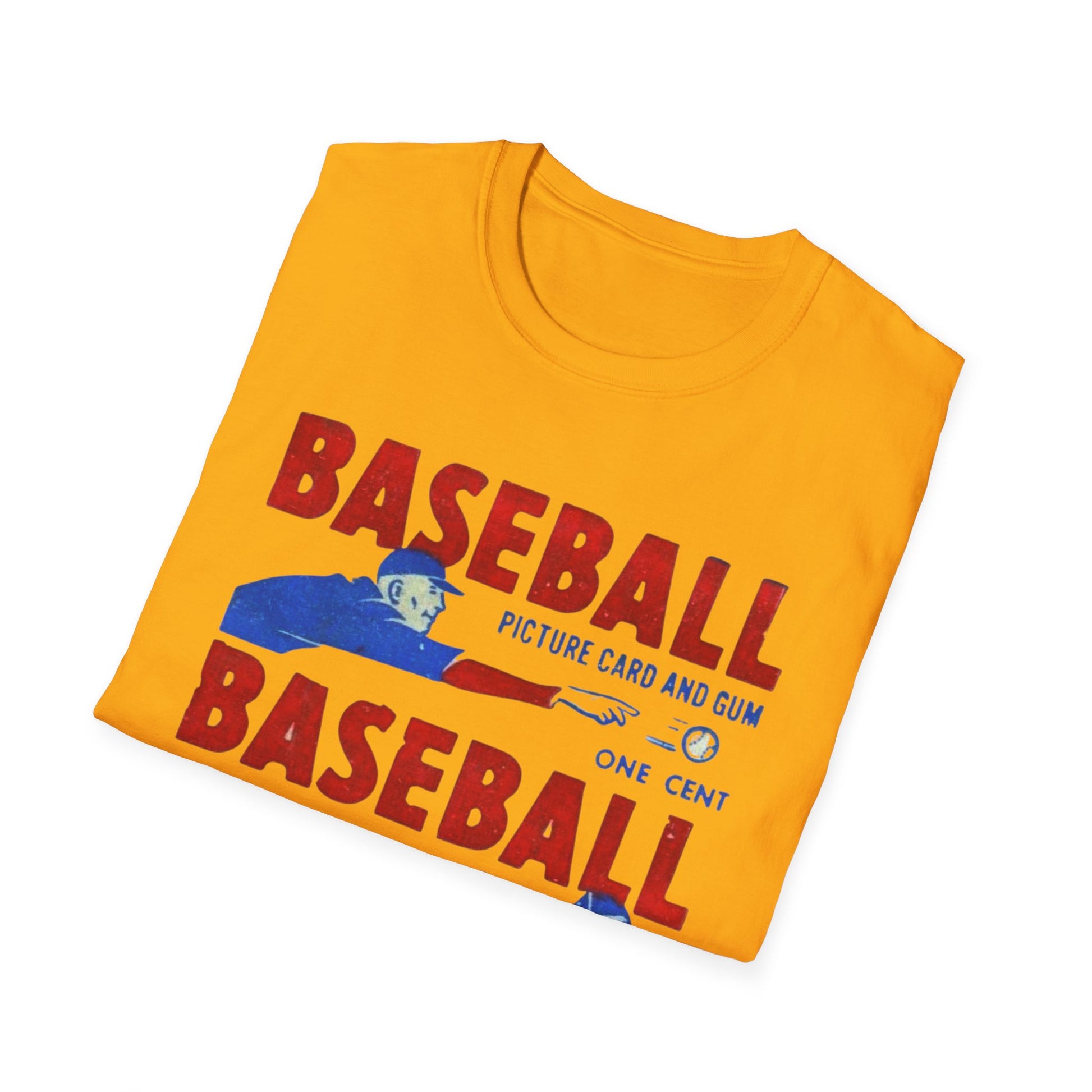 Vintage 1950 Baseball Card Wrapper Unisex T-Shirt in orange with bold vintage artwork. A fantastic gift for any baseball lover, this nostalgic piece captures sportswear from the 1950s.