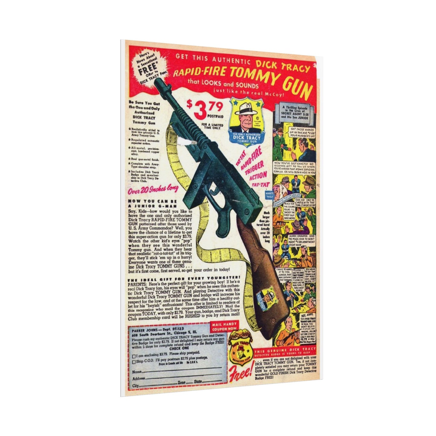 Retro Comic Book Ad for Toy Machine Gun Poster Print