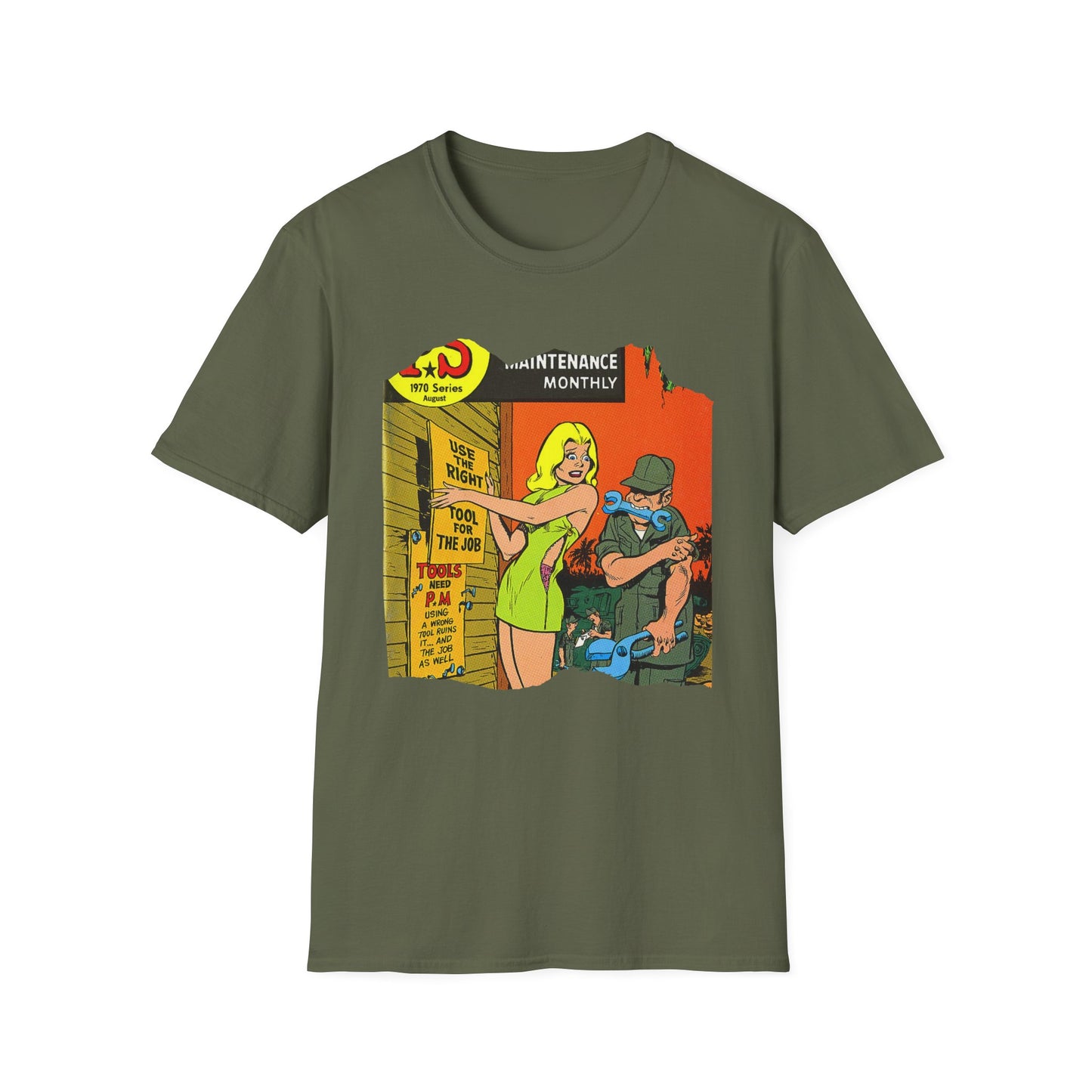 Vintage Military-Inspired Comic Art Unisex Softstyle Tee - Old School Male 