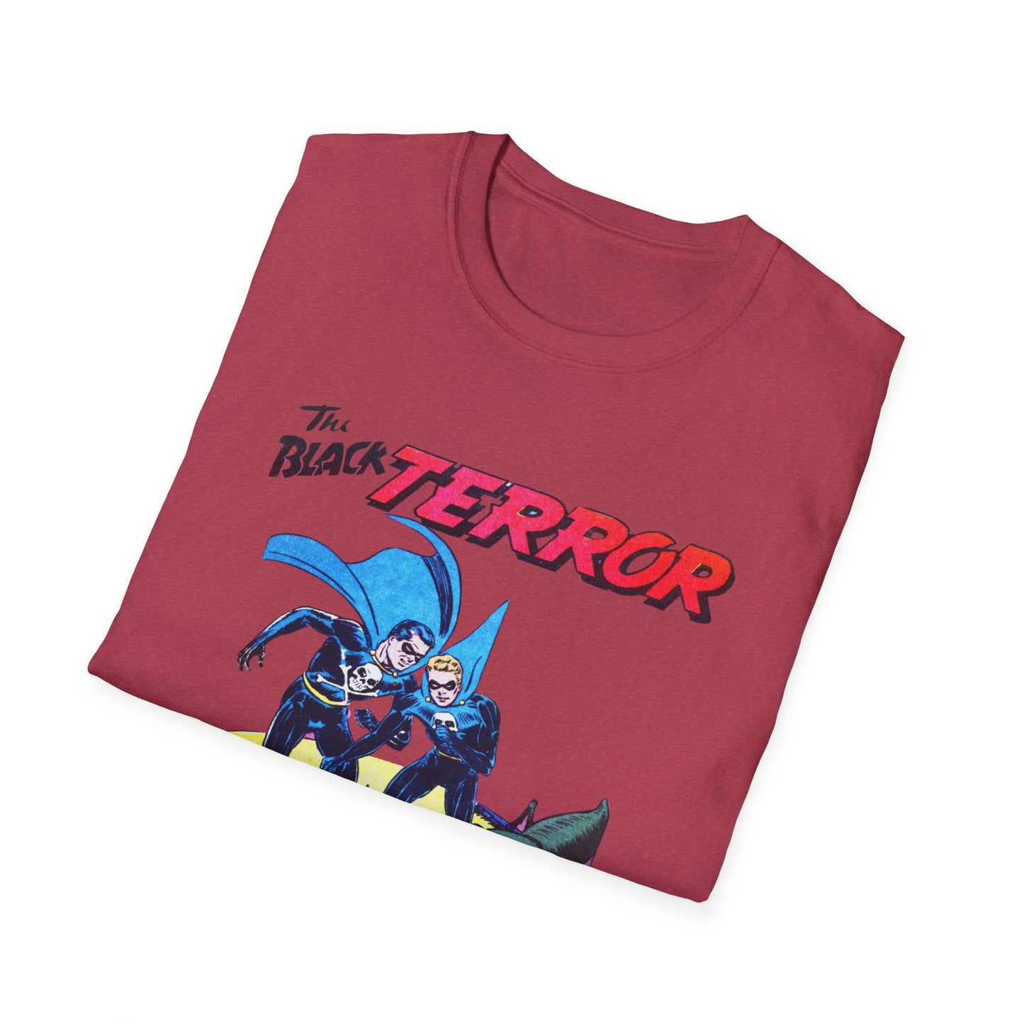 Folded Retro Black Terror Comic Book T-Shirt in dark gray, displaying a vibrant comic graphic suitable for casual wear.