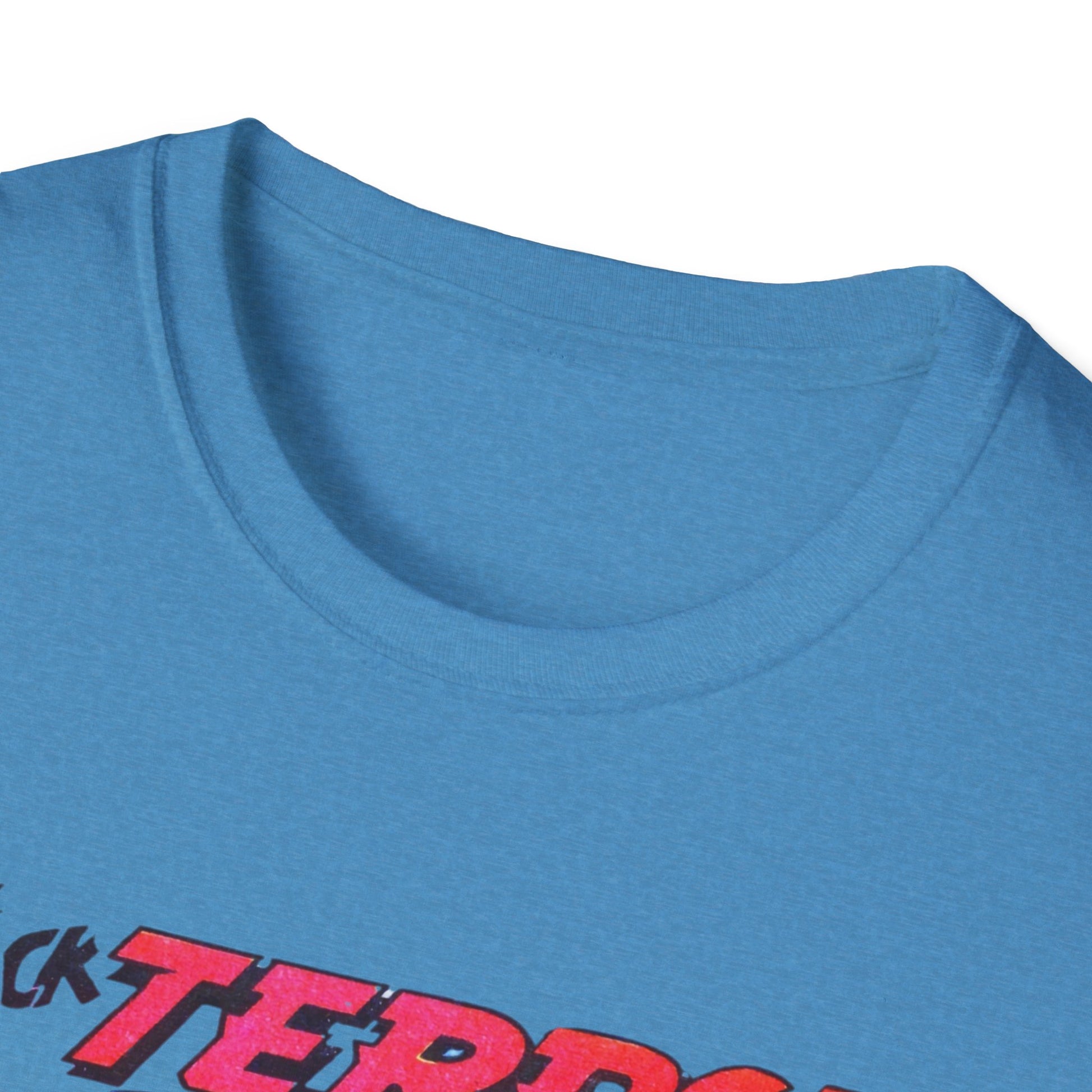 Close-up view of the neckline on the Retro Black Terror Comic Book T-Shirt in red, showcasing its quality fabric and design.