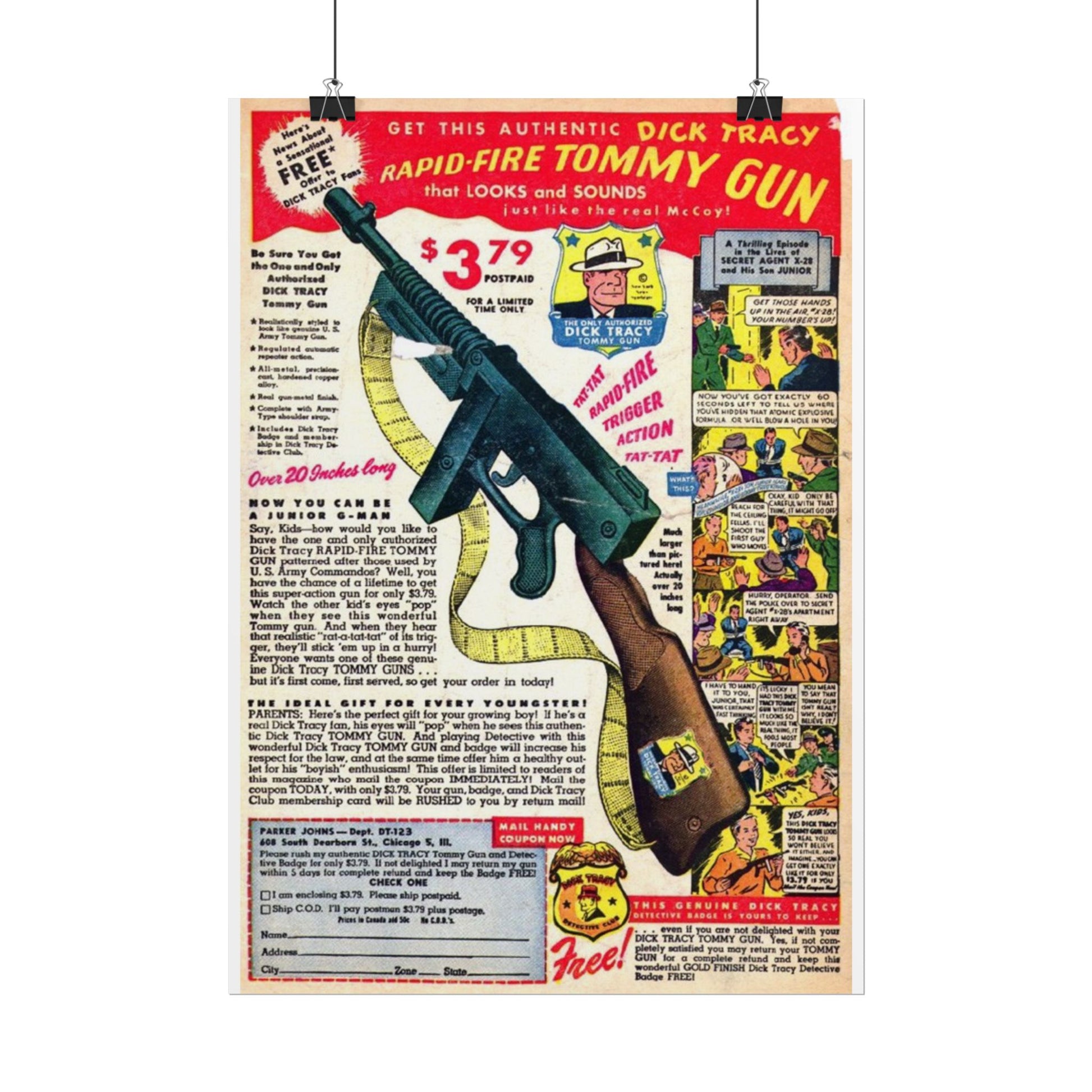 Retro Comic Book Ad for Toy Machine Gun Poster Print - Old School Male 