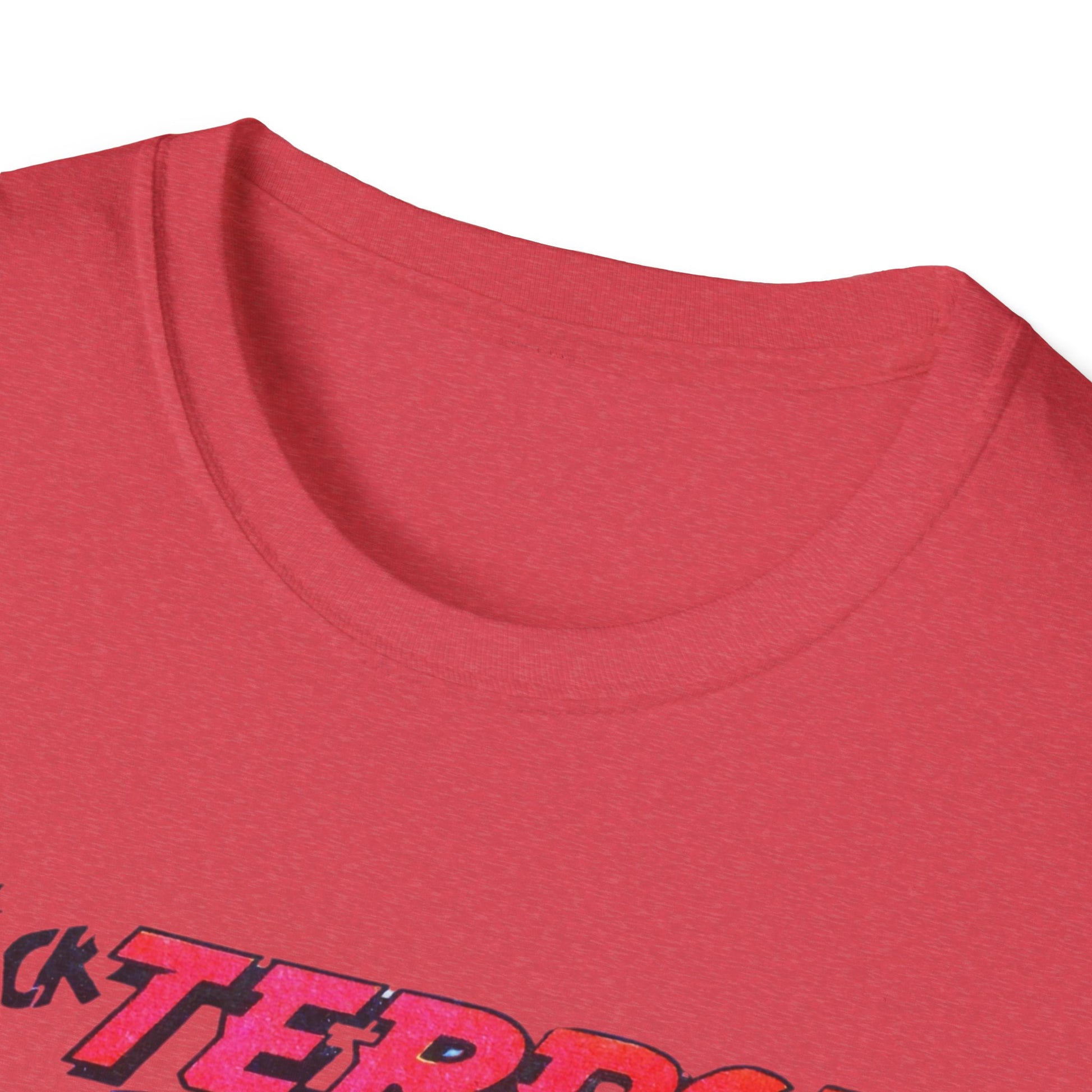 Close-up view of the neckline of the Retro Black Terror Comic Book T-Shirt in light gray, emphasizing the comfortable fit and quality.