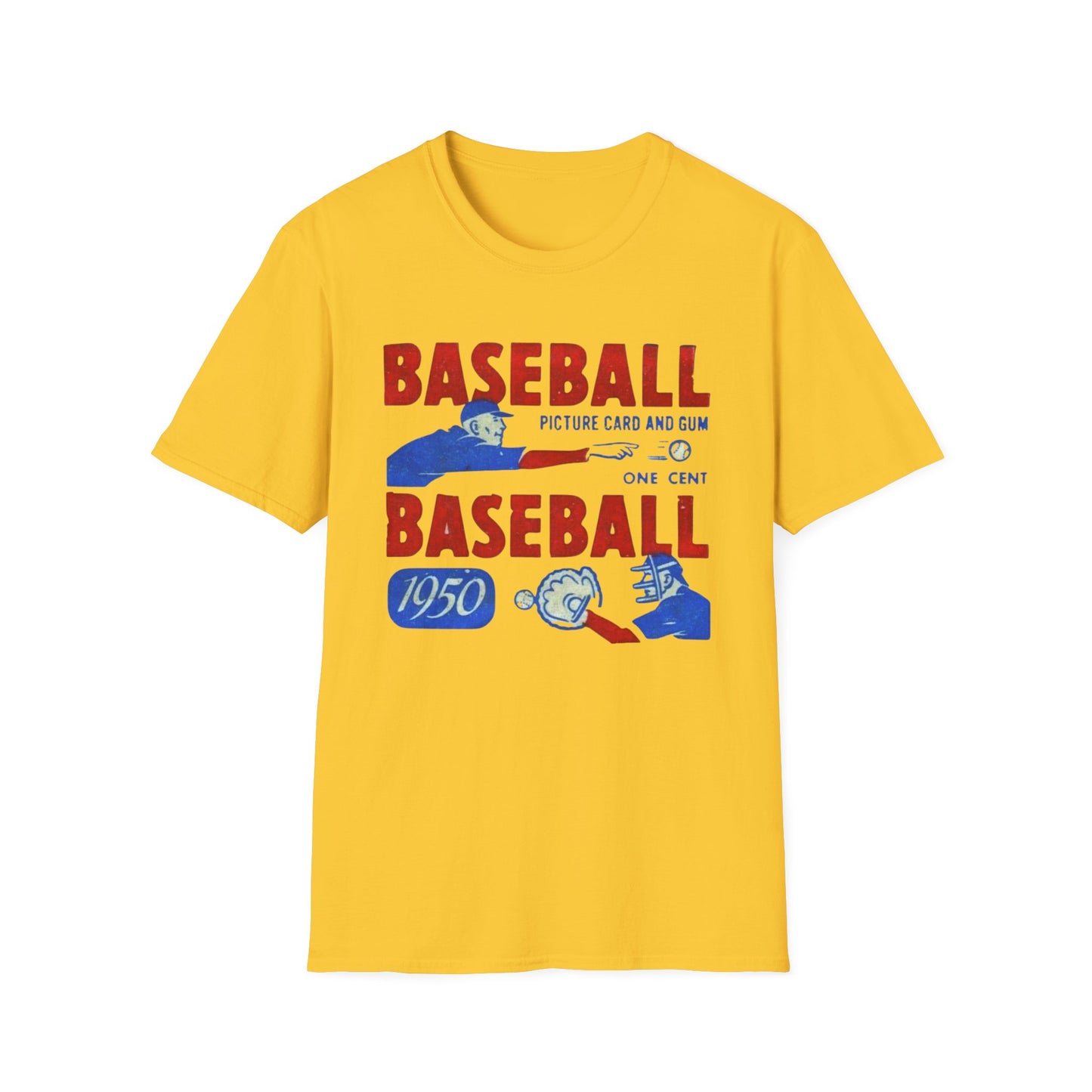 Vintage 1950 Baseball Card Wrapper Unisex T-Shirt in vibrant yellow showcasing impressive retro design. This nostalgic piece of clothing is perfect for baseball fans wanting to wear a slice of 1950s memorabilia.