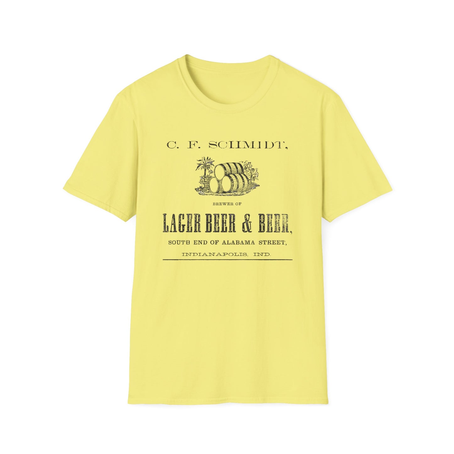 A sunny yellow t-shirt showcasing the retro C.F. Schmidt Lager Beer logo, adding a splash of brightness to your beer-loving wardrobe.