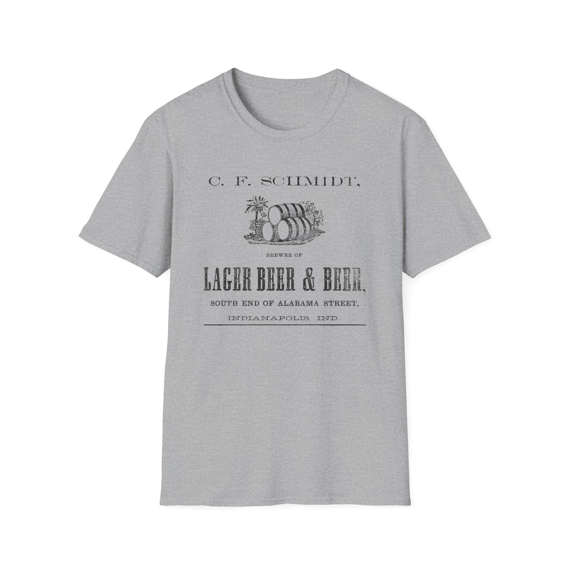 A vintage gray t-shirt featuring the iconic design of C.F. Schmidt Lager Beer, perfect for beer enthusiasts and retro fashion lovers.