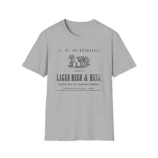 A vintage gray t-shirt featuring the iconic design of C.F. Schmidt Lager Beer, perfect for beer enthusiasts and retro fashion lovers.