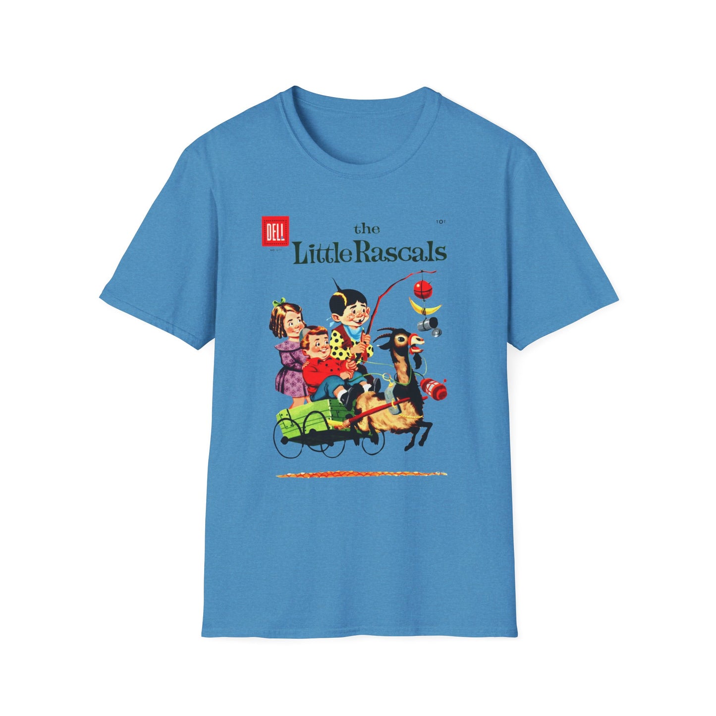 Vintage Little Rascals T-Shirt in sky blue featuring a playful design of classic comic characters. This vintage comic t-shirt is a light-hearted nod to the original series and a great conversation starter!