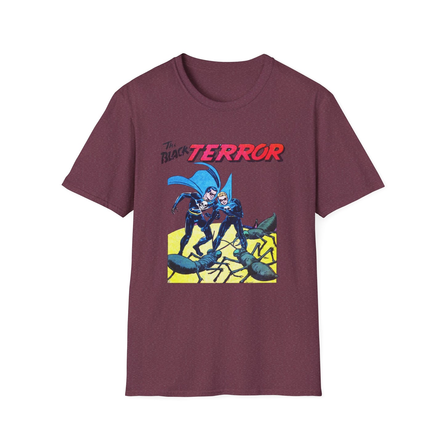 Front view of the Retro Black Terror Comic Book T-Shirt in red, illustrating a vibrant comic book artwork, ideal for casual outings or comic book conventions.