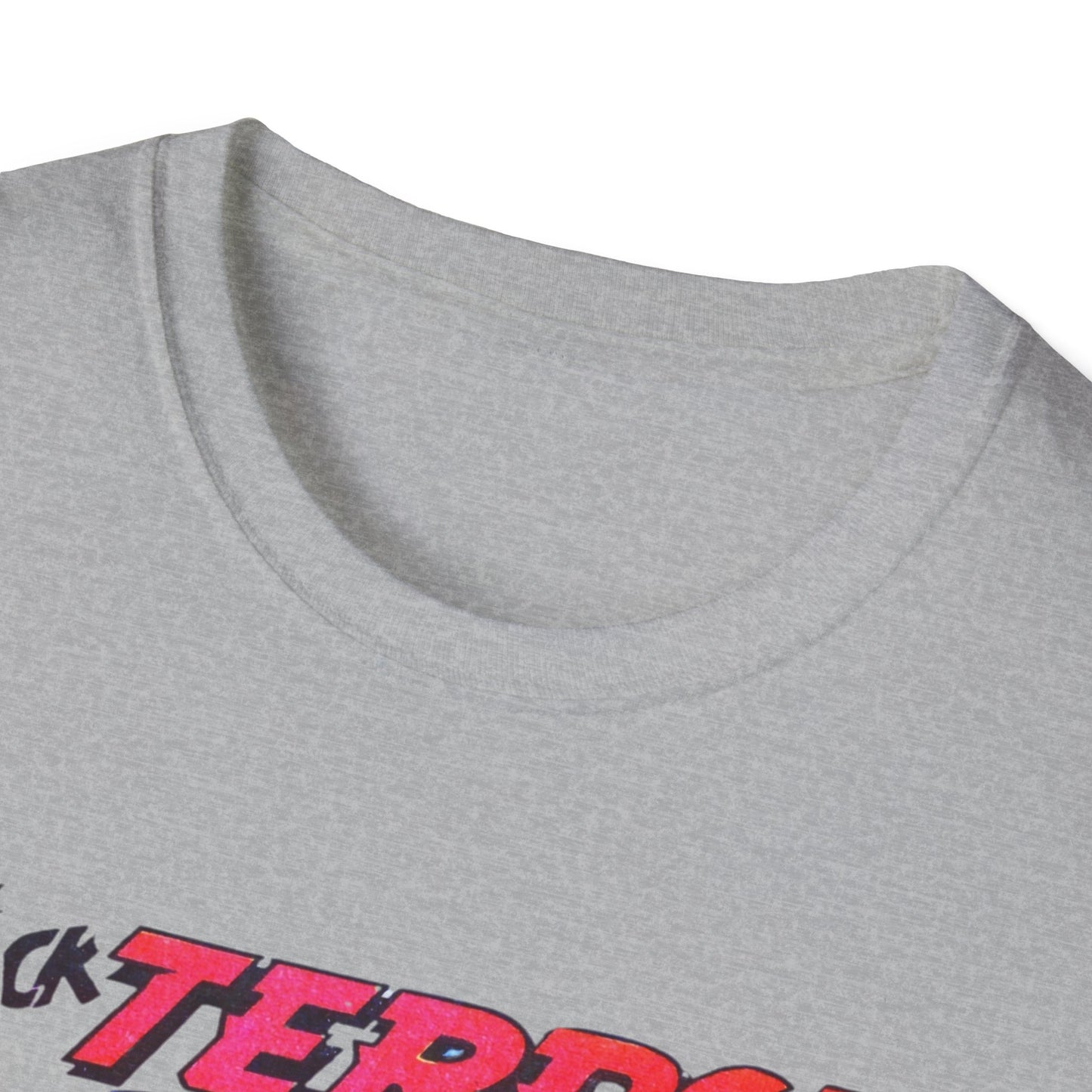 Close-up view of the neckline on the Retro Black Terror Comic Book T-Shirt in light gray, emphasizing its comfy fabric and classic fit.