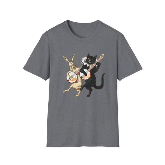 Whimsical Cat and Rabbit playing banjos Unisex Softstyle T-Shirt