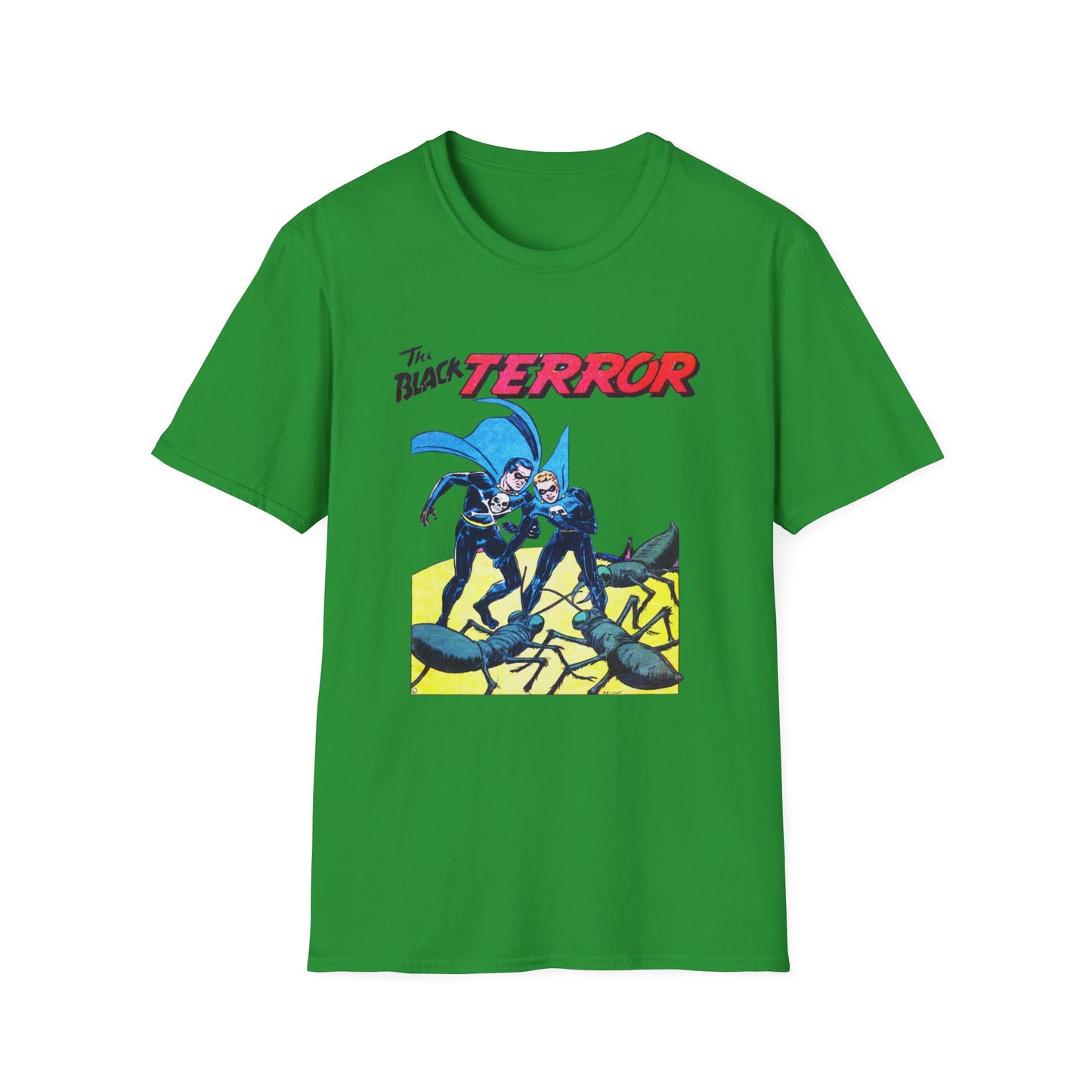 Front view of the Retro Black Terror Comic Book T-Shirt in bright green, featuring an exciting comic book design, ideal for anyone who loves comic book graphic tees.