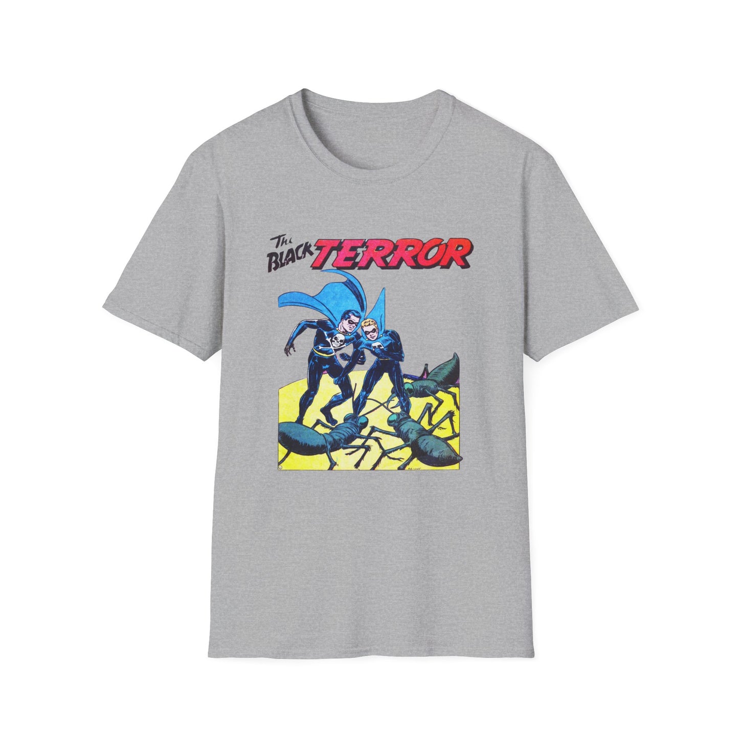 Front view of the Retro Black Terror Comic Book T-Shirt in light gray, displaying a colorful superhero comic design, a must-have comic book graphic tee for enthusiasts.