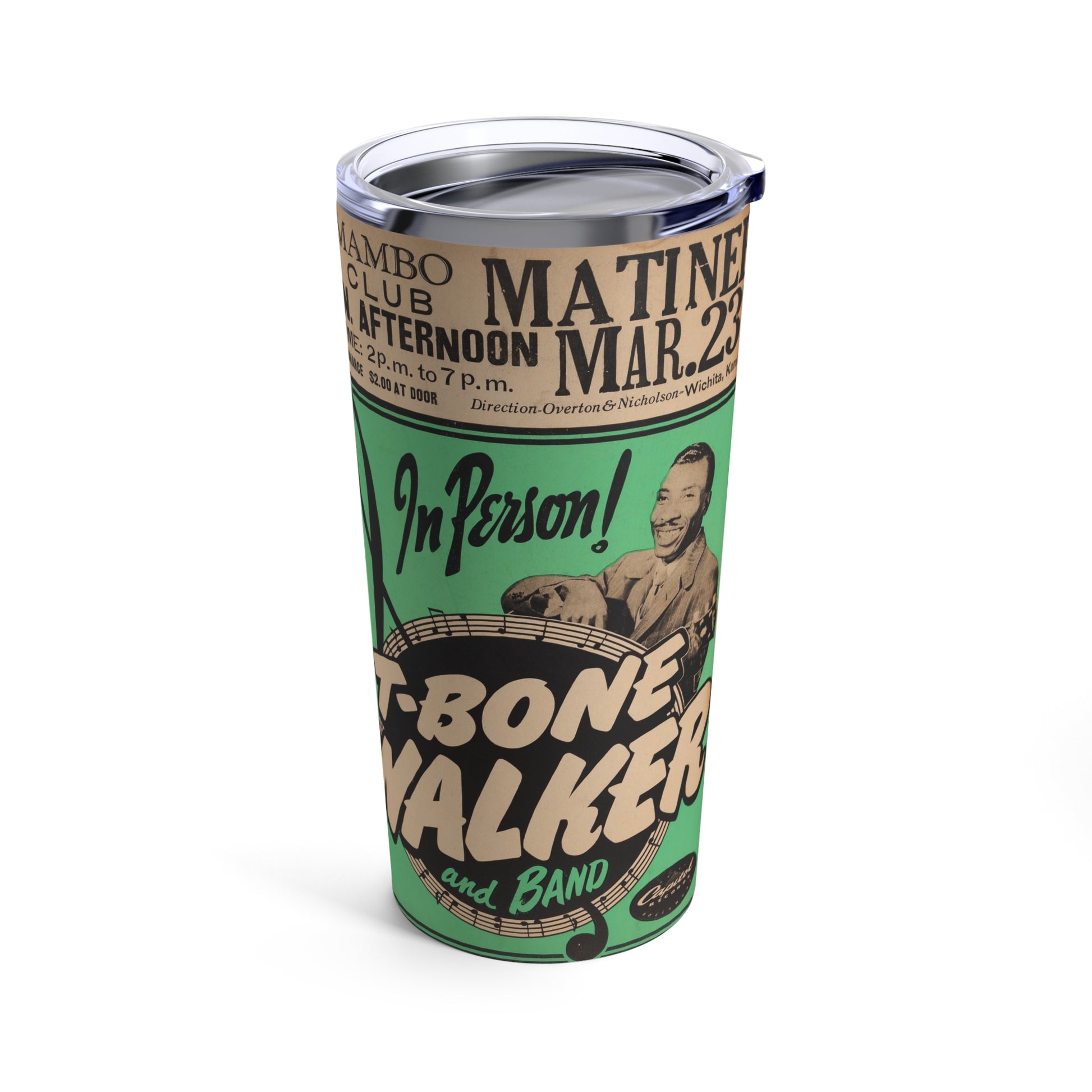 T-Bone Walker Concert Poster 20oz Insulated Stainless Steel Tumbler with Clear Lid - Old School Male 