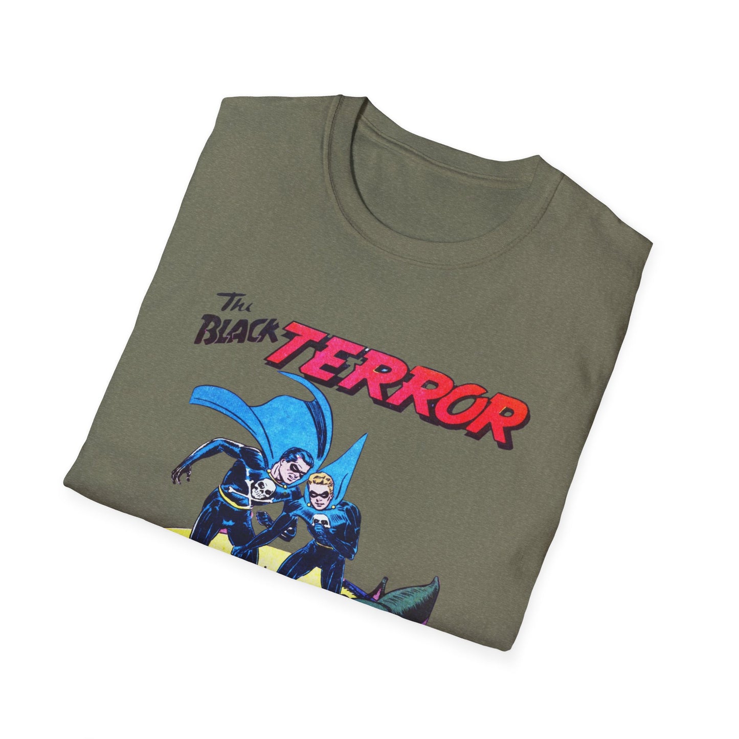 Folded Retro Black Terror Comic Book T-Shirt in olive green with a striking comic book graphic, perfect for casual wear or comic events.