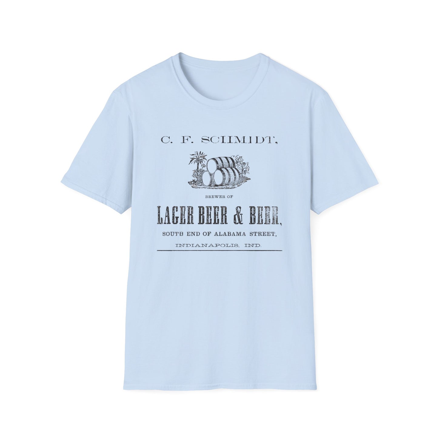 A soft blue t-shirt showcasing the delightful C.F. Schmidt Lager Beer design, made for adventurous beer connoisseurs.