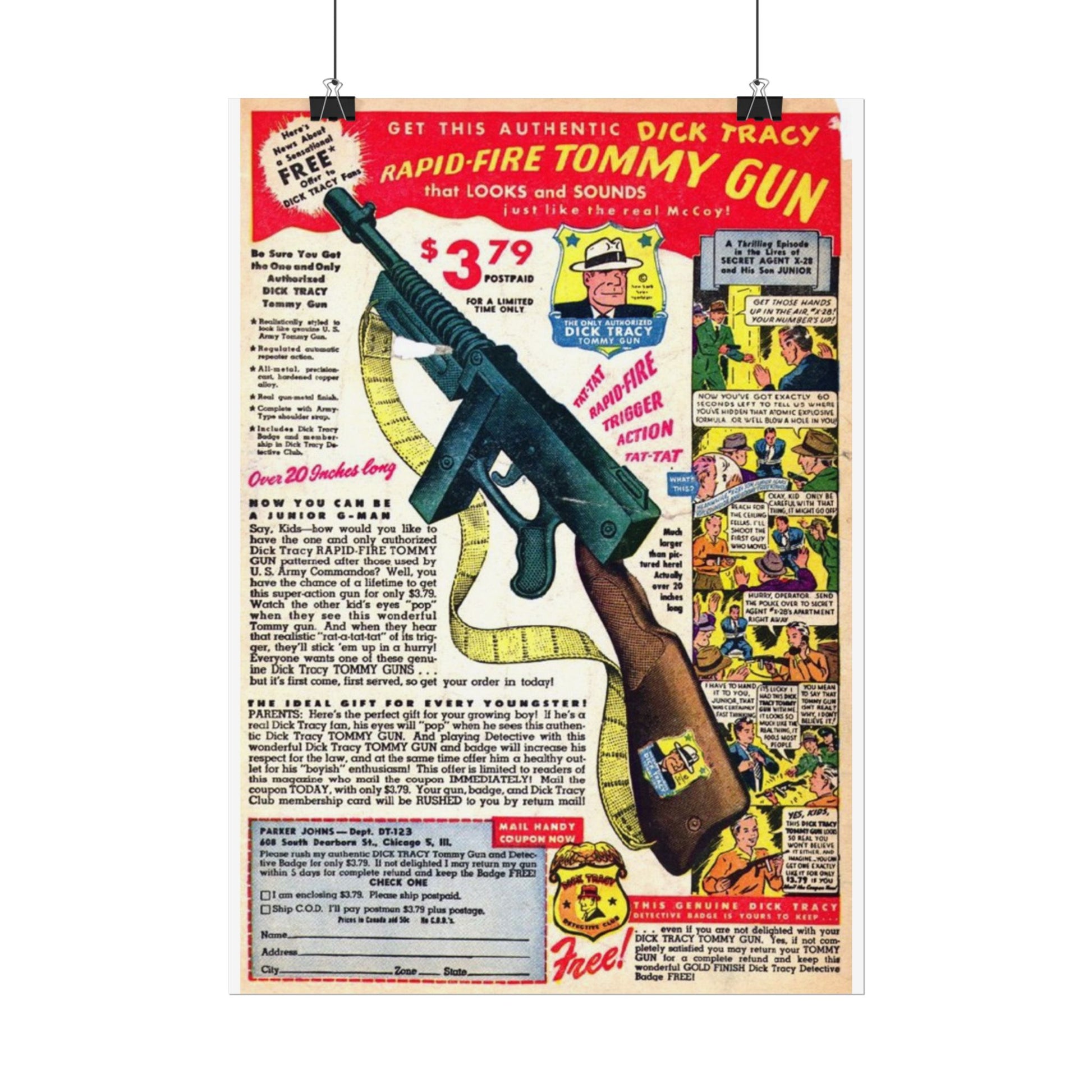 Retro Comic Book Ad for Toy Machine Gun Poster Print - Old School Male 