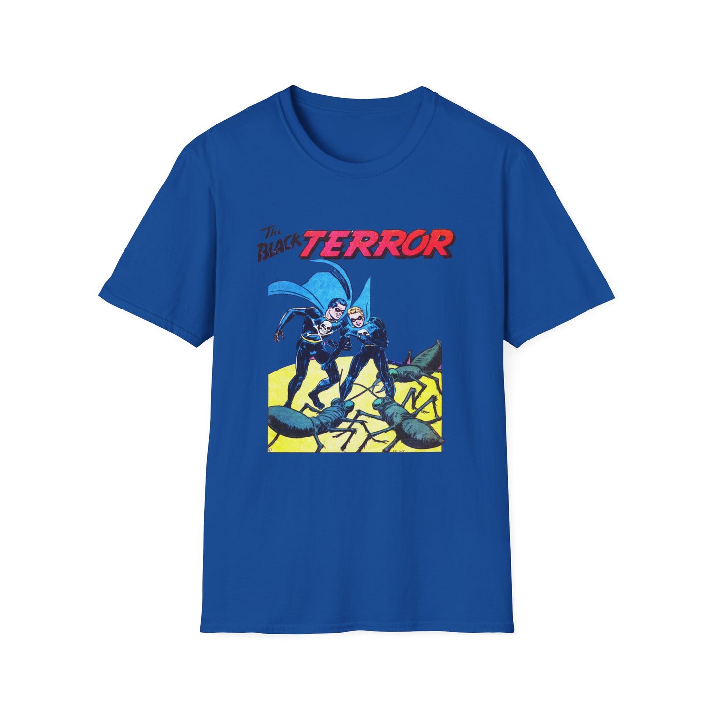 Front view of the Retro Black Terror Comic Book T-Shirt in dark purple, showcasing an exciting comic book design that appeals to retro graphic tee enthusiasts.