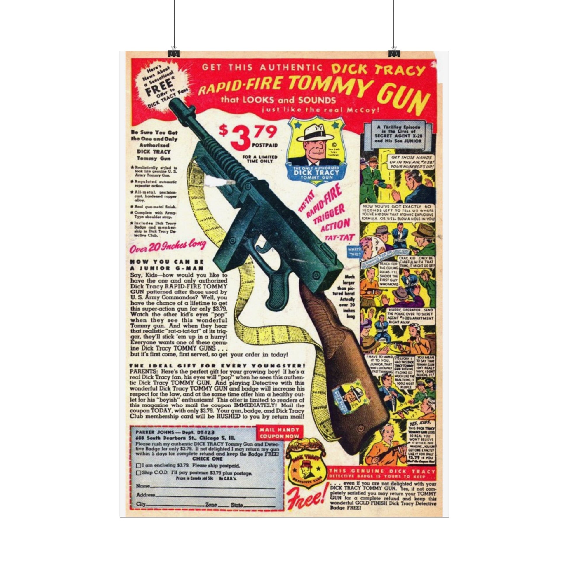 Retro Comic Book Ad for Toy Machine Gun Poster Print - Old School Male 