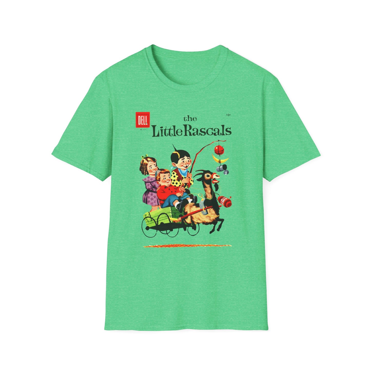 Vintage Little Rascals T-Shirt in heather green, featuring a classic comic cover print that captures the joy of the show. An essential vintage comic t-shirt for any retro clothing lover!