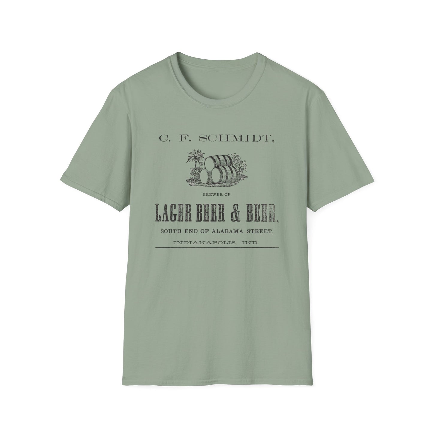 A light mint green t-shirt displaying the timeless C.F. Schmidt Lager Beer logo, a refreshing choice for beer enthusiasts.