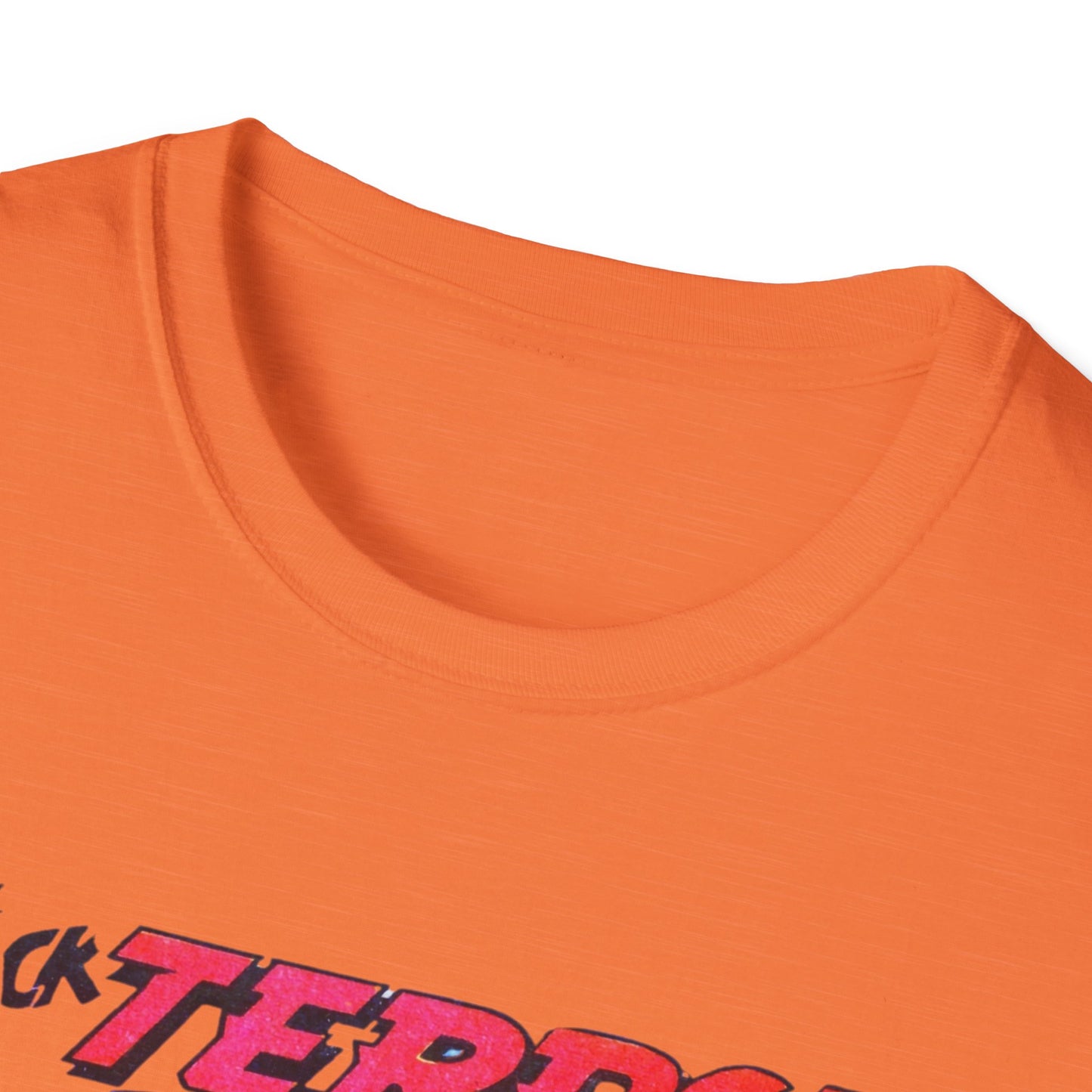 Close-up view of the neckline of the Retro Black Terror Comic Book T-Shirt in orange, showcasing the high-quality fabric and design for comic book enthusiasts.