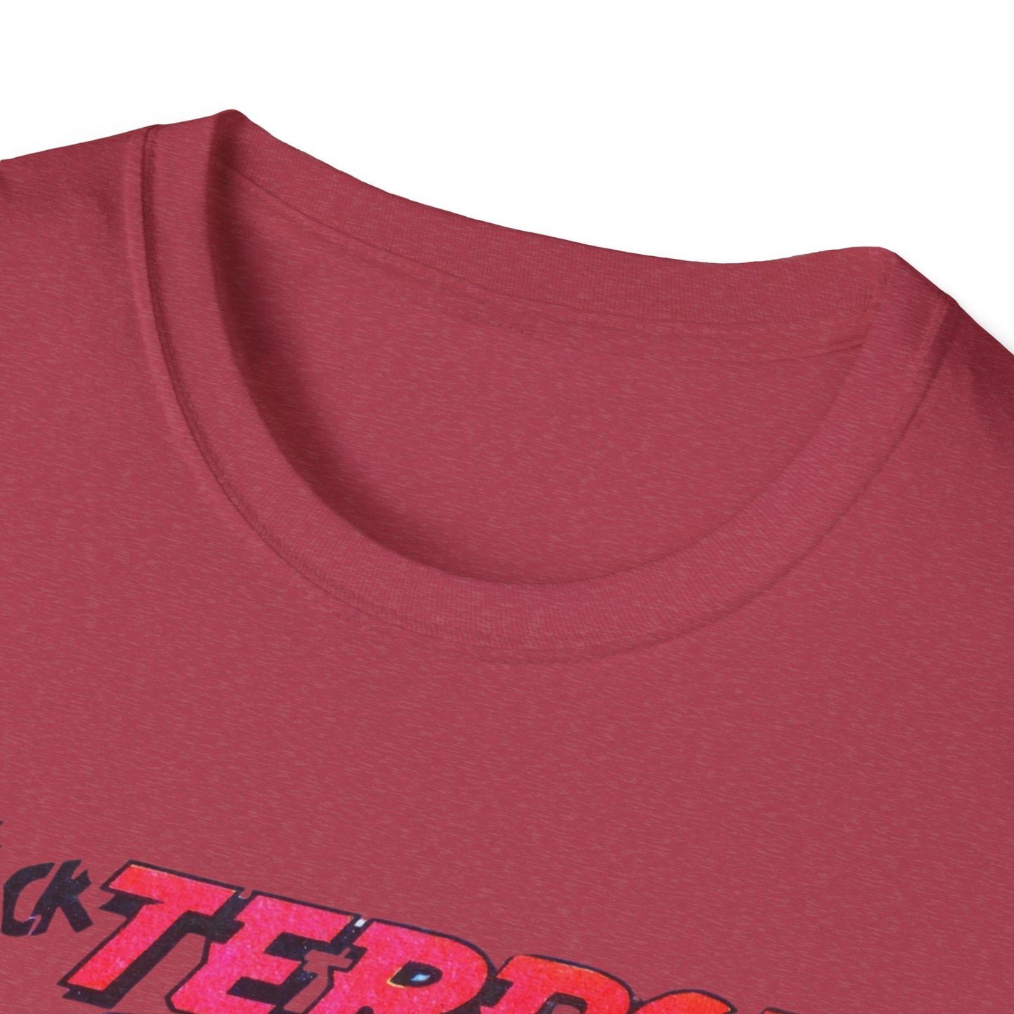 Close-up view of the neckline of the Retro Black Terror Comic Book T-Shirt in dark gray, showcasing its softness and quality construction.