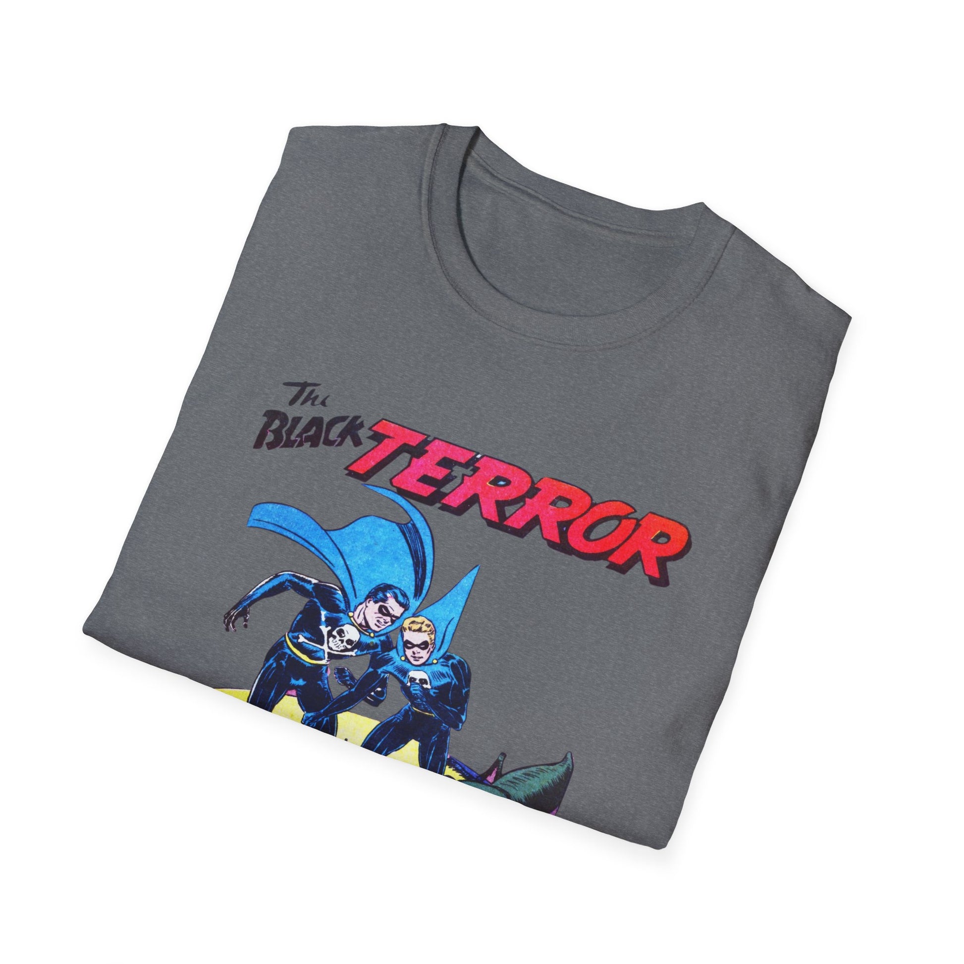 Folded Retro Black Terror Comic Book T-Shirt in dark gray, elegantly displaying the vibrant comic book graphic, perfect for gift-giving or personal style.