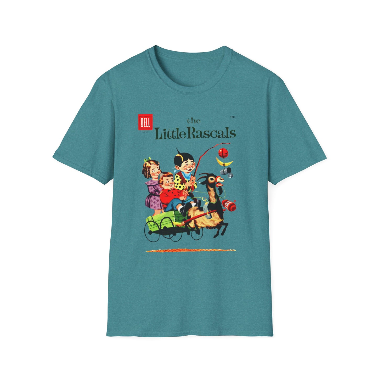 Vintage Little Rascals T-Shirt in teal, highlighting a spirited vintage comic cover that brings back fond memories. A clever vintage comic t-shirt that stands out in your wardrobe!