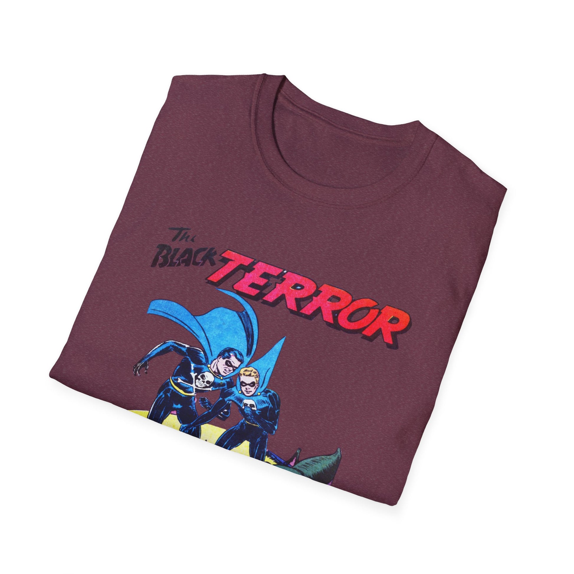 Folded Retro Black Terror Comic Book T-Shirt in dark pink, highlighting an engaging comic book graphic, a great addition to a casual wardrobe.