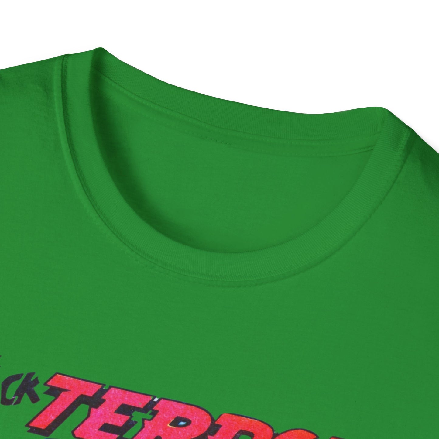 Close-up view of the neckline on the Retro Black Terror Comic Book T-Shirt in teal, emphasizing the comfy and stylish fit.