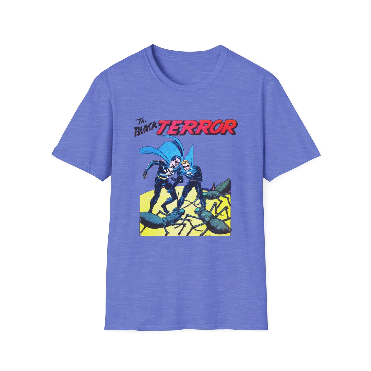 Front view of the Retro Black Terror Comic Book T-Shirt in pastel blue, showcasing a fantastic comic book design with dynamic characters, perfect for casual wear.