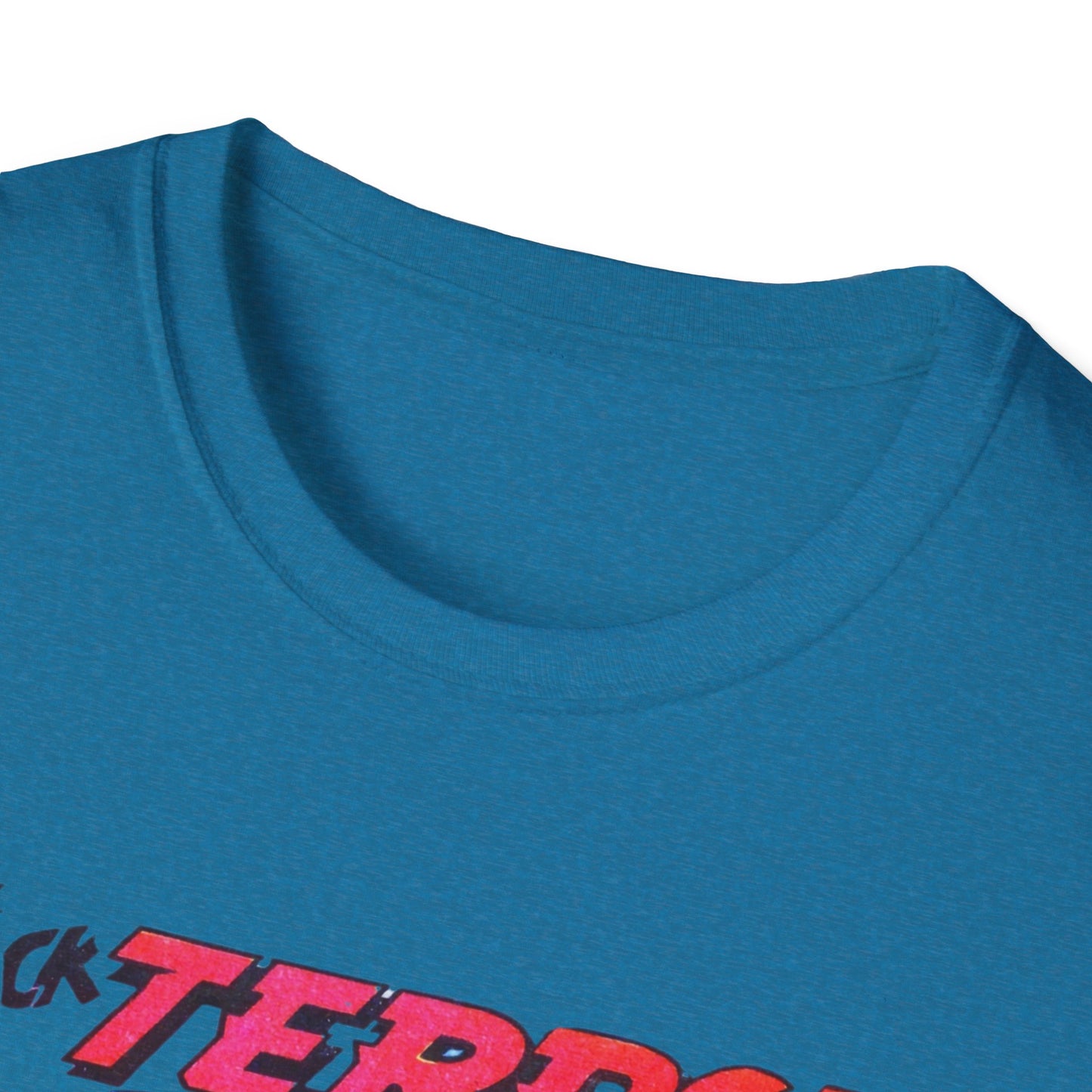 Close-up view of the neckline of the Retro Black Terror Comic Book T-Shirt in heather red, showcasing the durable fabric and chic design.