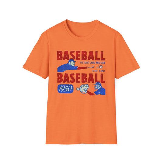 Vintage 1950 Baseball Card Wrapper Unisex T-Shirt in orange showcasing retro designs. This nostalgic sportswear piece is an ideal gift for baseball fans, blending 1950s nostalgia with modern comfort in a retro baseball tee.