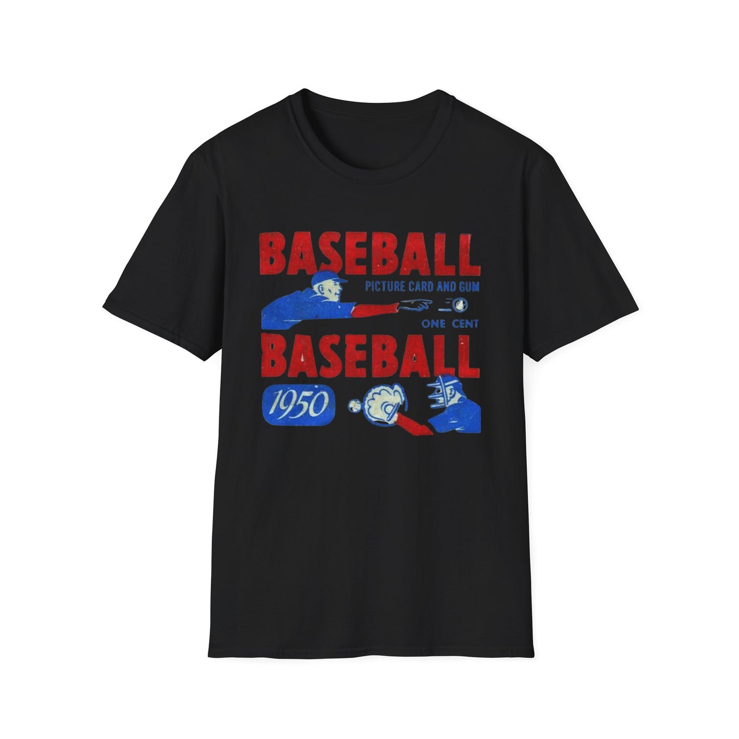 Vintage 1950 Baseball Card Wrapper Unisex T-Shirt in black with classic 1950s graphics. A stylish choice for baseball enthusiasts, this shirt embodies retro sports tee vibes with a nostalgic touch, perfect for any fan.