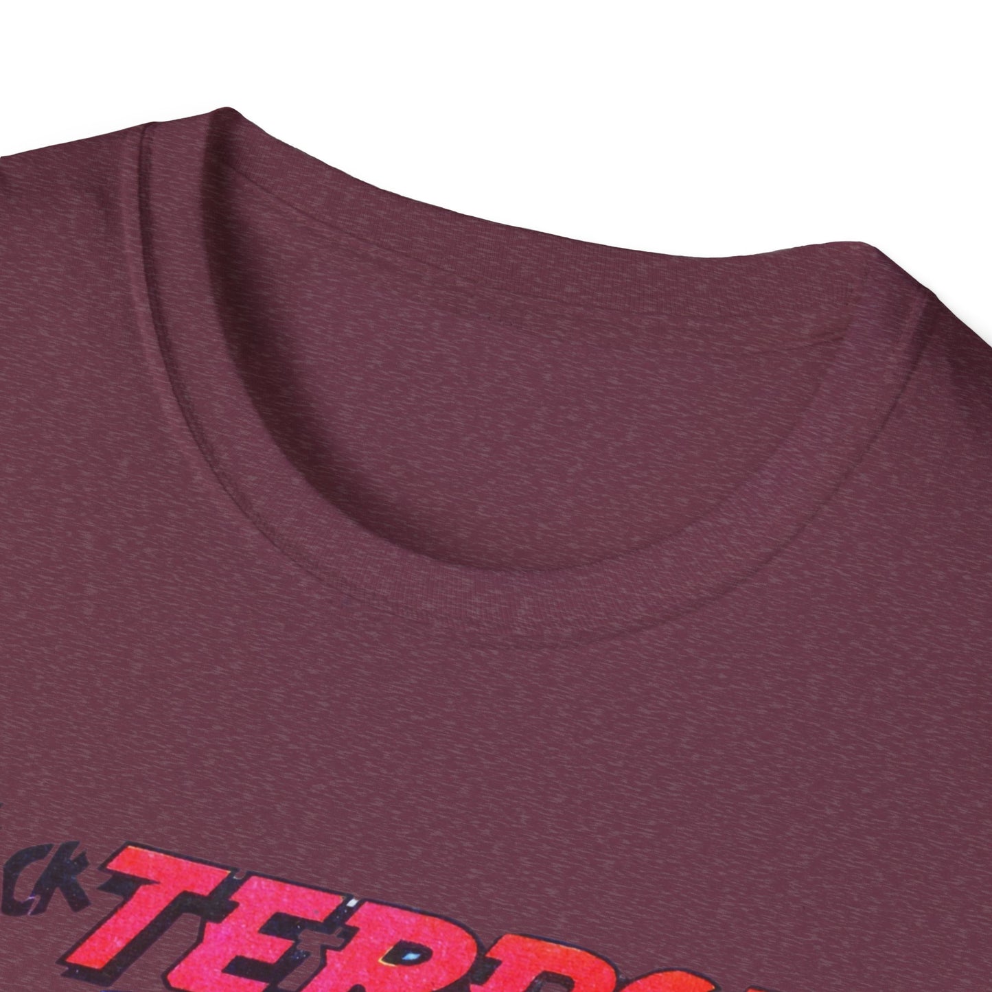 Close-up view of the neckline on the Retro Black Terror Comic Book T-Shirt in dark pink, showcasing its comfy fabric.