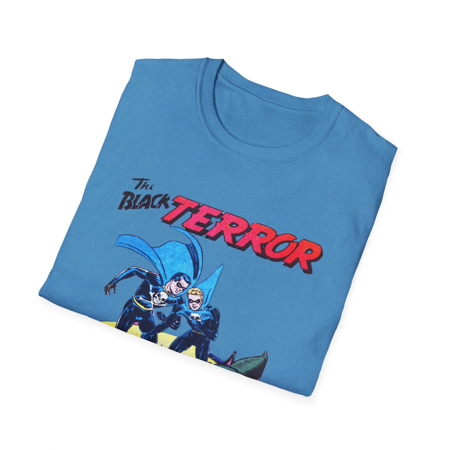 Folded Retro Black Terror Comic Book T-Shirt in red, featuring an exciting comic graphic that comic book fans will appreciate.