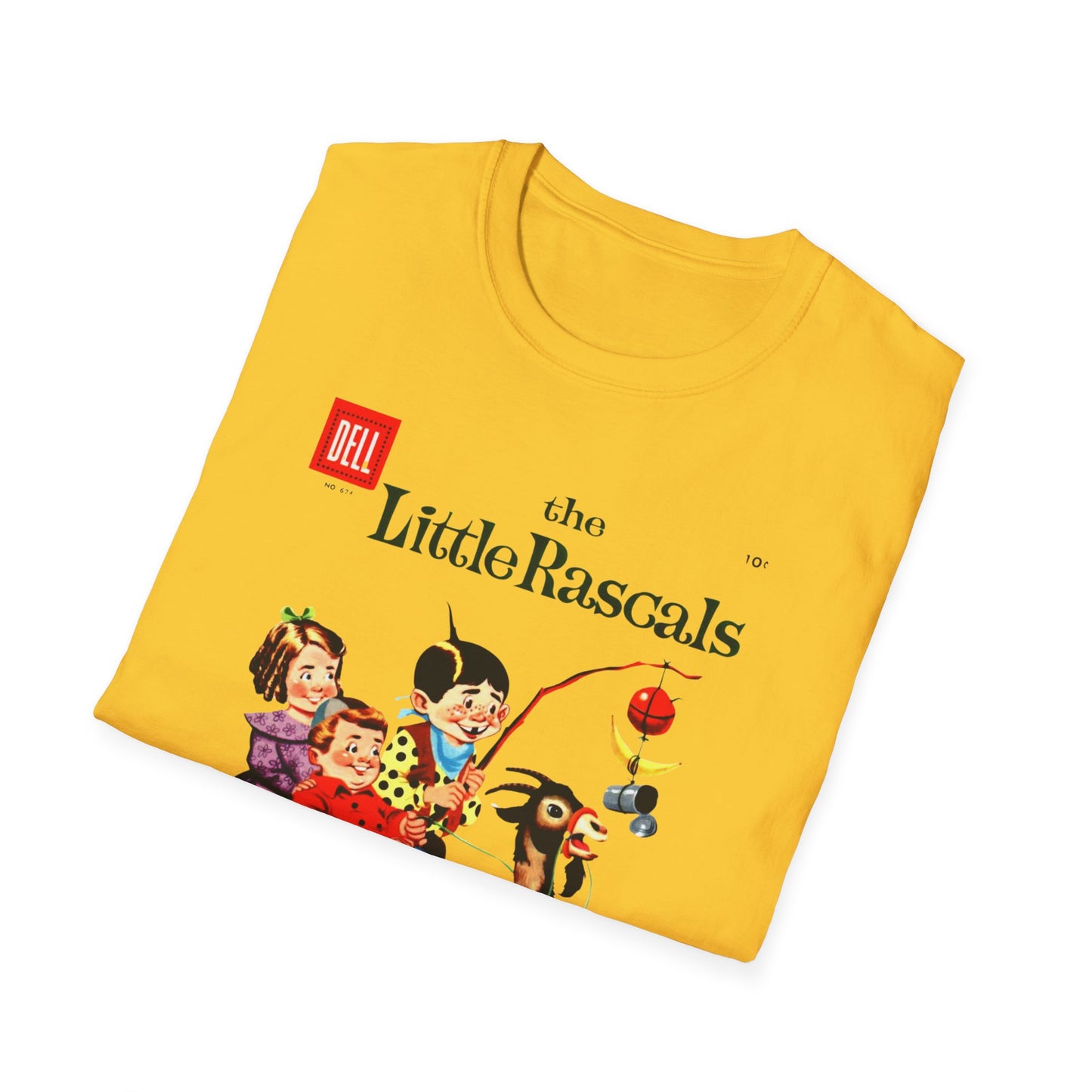 Vintage Little Rascals T-Shirt neckline detail in bright yellow, highlighting soft fabric and stylish finish. A delightful vintage comic t-shirt that feels as good as it looks!