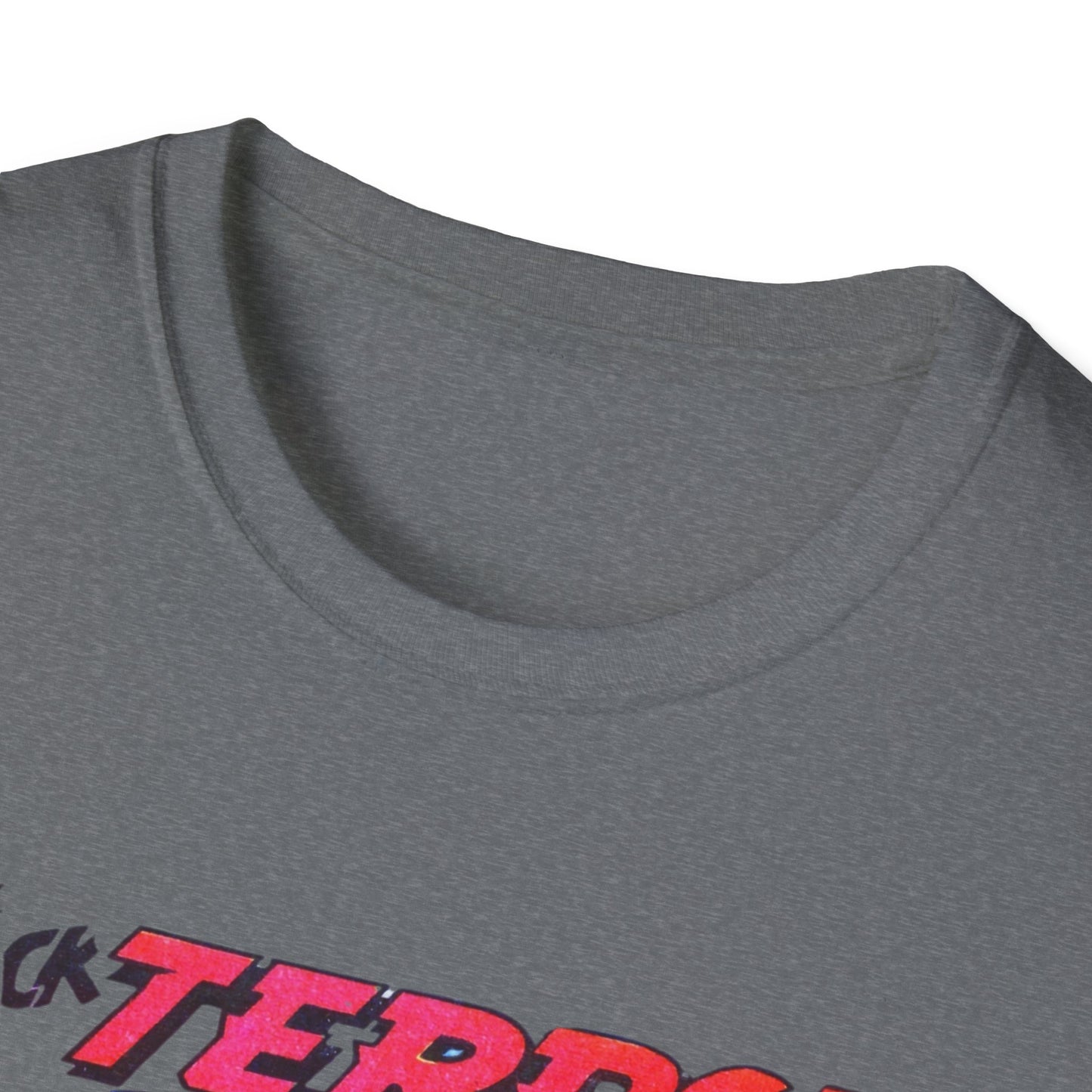 Close-up view of the neckline on the Retro Black Terror Comic Book T-Shirt in dark gray, showing the quality craftsmanship and comfort fit of this graphic tee.