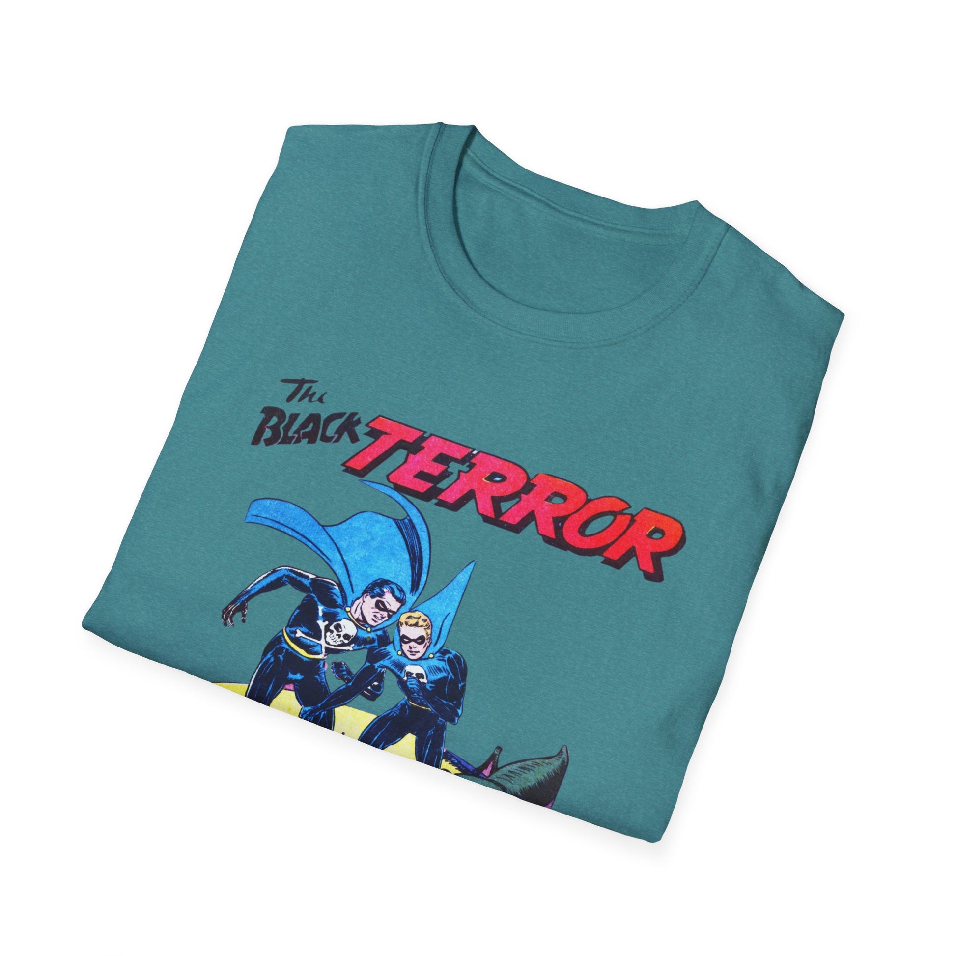 Folded Retro Black Terror Comic Book T-Shirt in purple, displaying a bold comic book design, perfect for school, casual outings, or popping to the store.