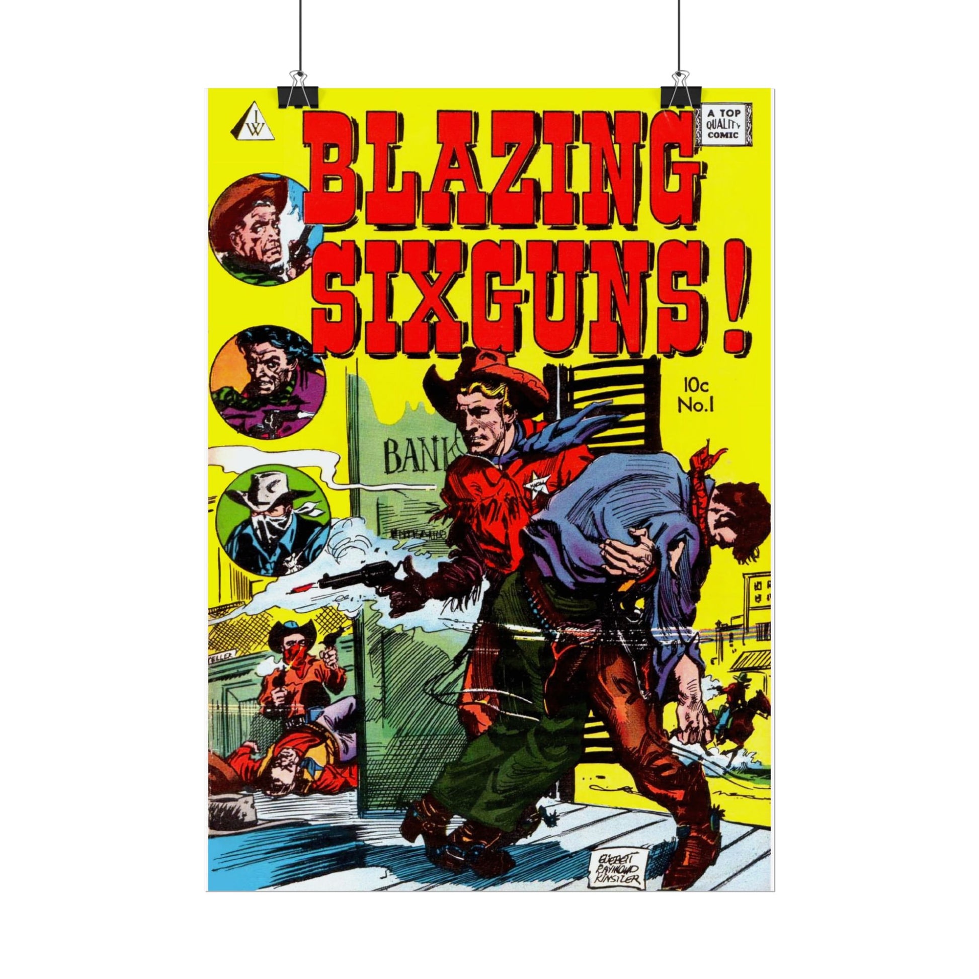 Retro Blazing Sixguns Comic Book Cover Poster - Old School Male 