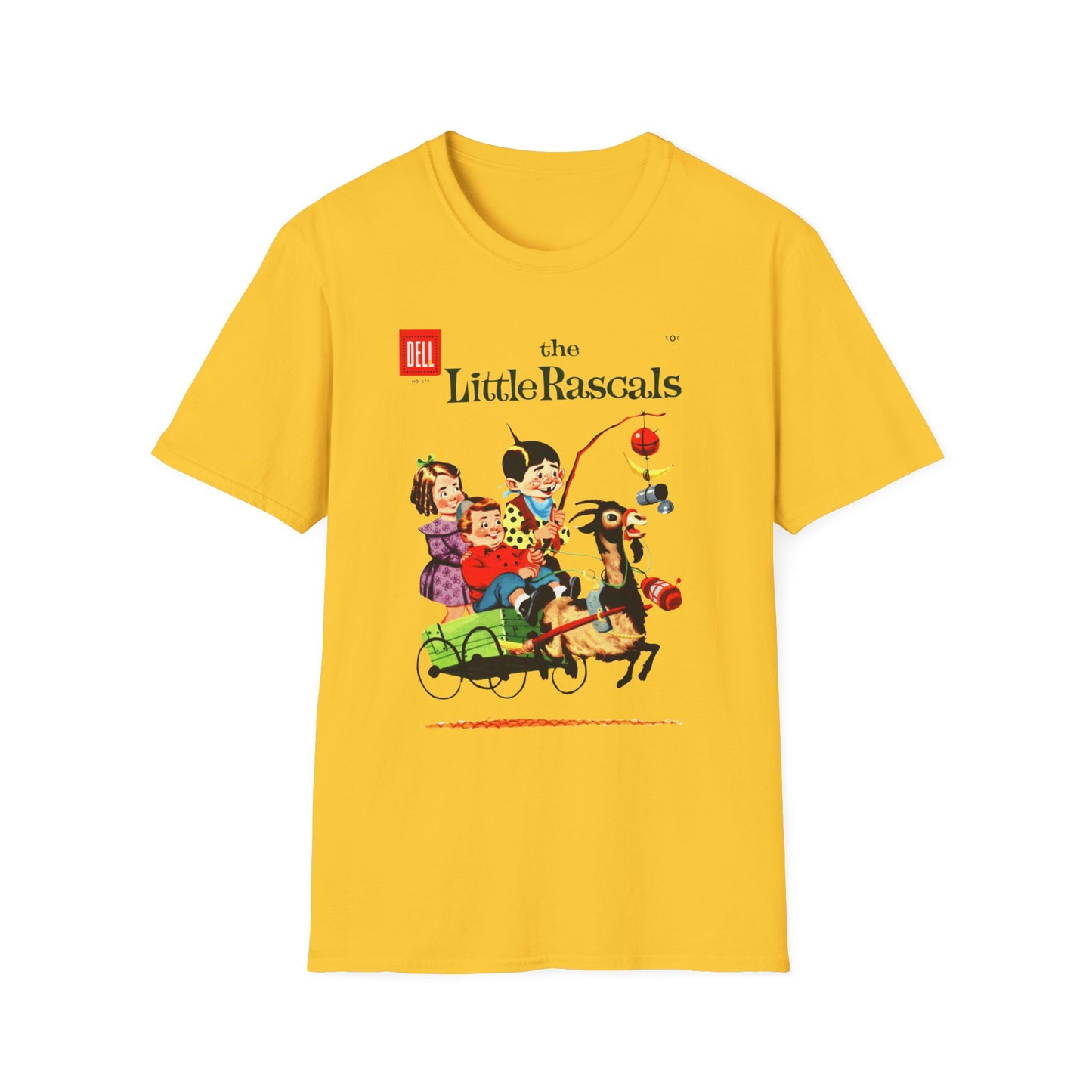 Vintage Little Rascals T-Shirt in bright yellow featuring a fun vintage comic cover design, showcasing characters from the beloved vintage comic series. A must-have vintage comic t-shirt for nostalgic fans!