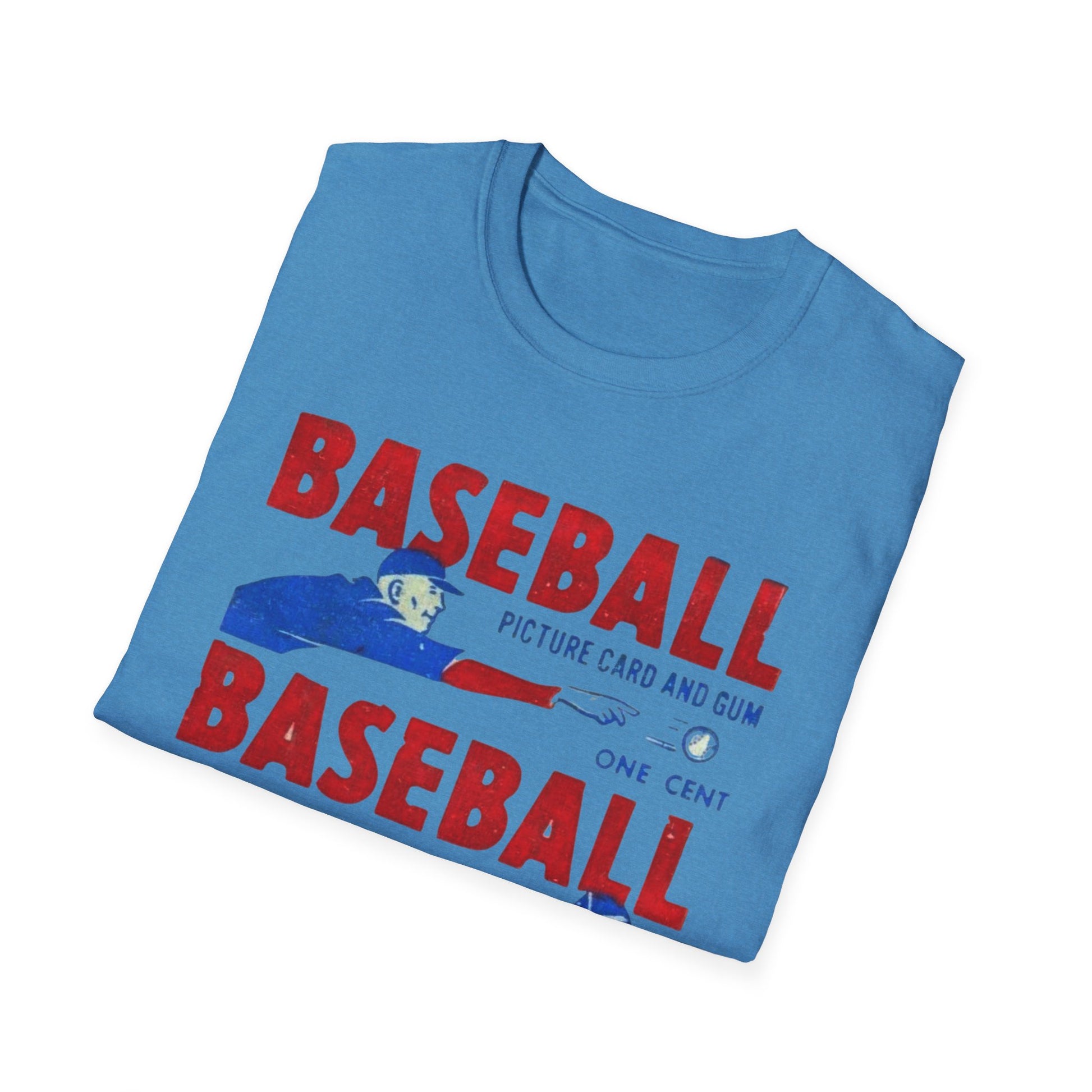 Vintage 1950 Baseball Card Wrapper Unisex T-Shirt in a vibrant blue hue featuring classic retro graphics. Perfect for baseball lovers, this nostalgic apparel is a must-have.