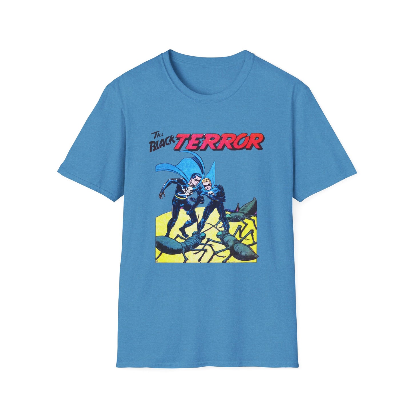 Front view of the Retro Black Terror Comic Book T-Shirt in light blue, featuring a colorful comic book graphic, a staple for vintage comic book and graphic tee fans.