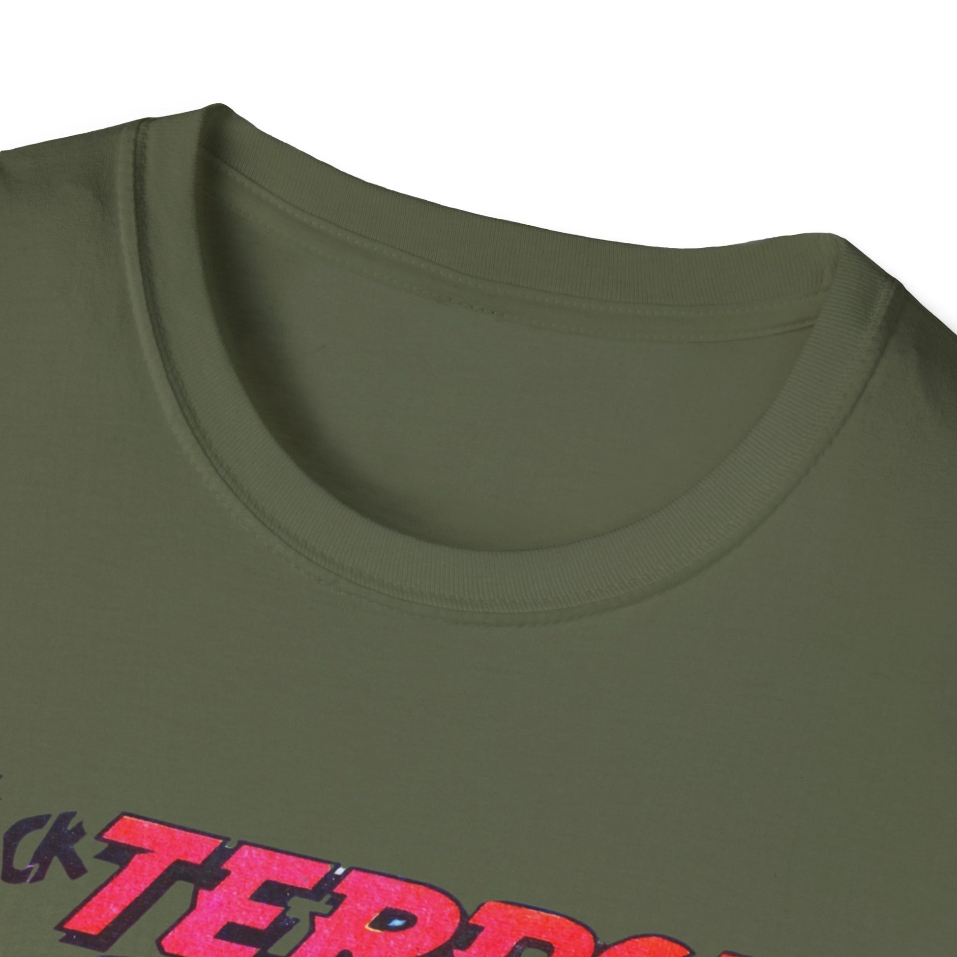 Close-up view of the neckline of the Retro Black Terror Comic Book T-Shirt in green, showing its soft fabric and quality construction.